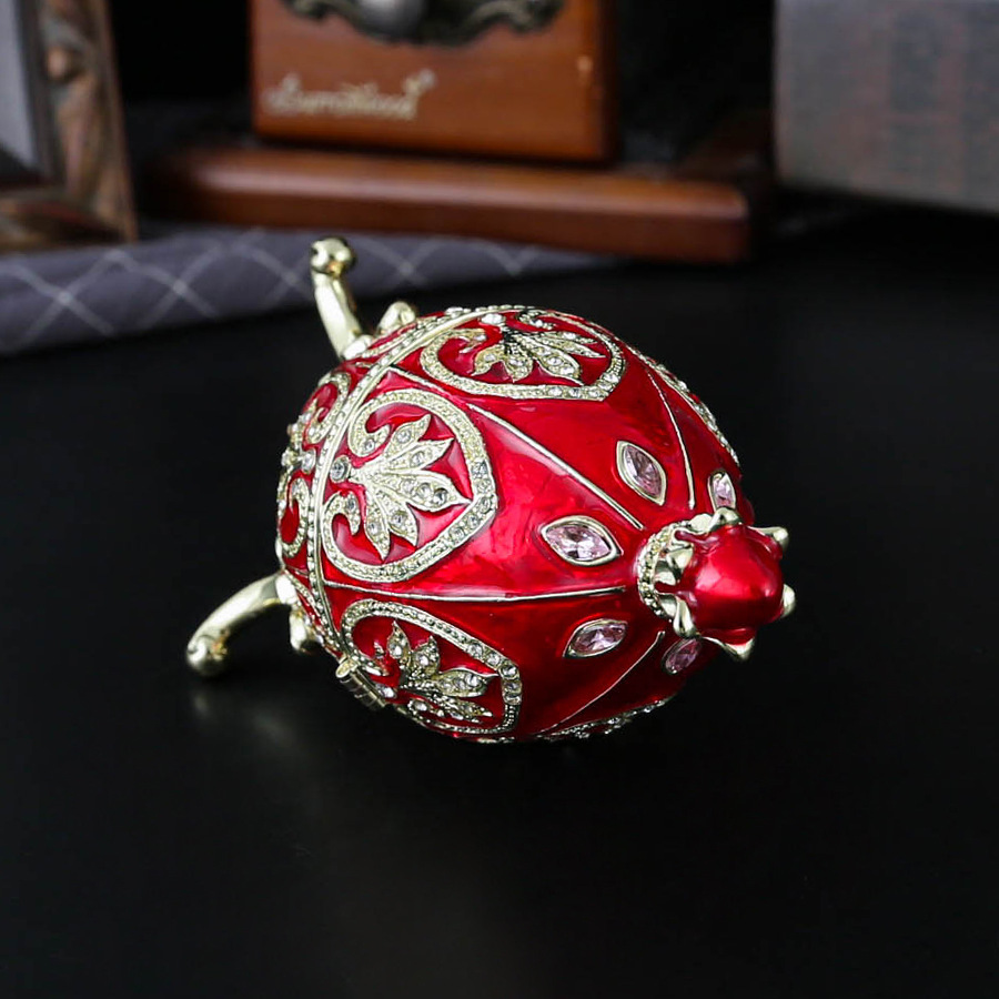 Red Vintage European Rhinestone Inlaid Embossed Enameled Jewelry Box - Hand-Painted Easter Egg Metal Craft — image 3