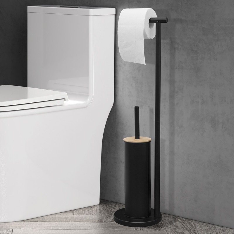 2-in-1 Iron Floor Standing Roll Paper Holder and Bamboo Lid Toilet Brush For Bathroom and Toilet-Black โ image 2