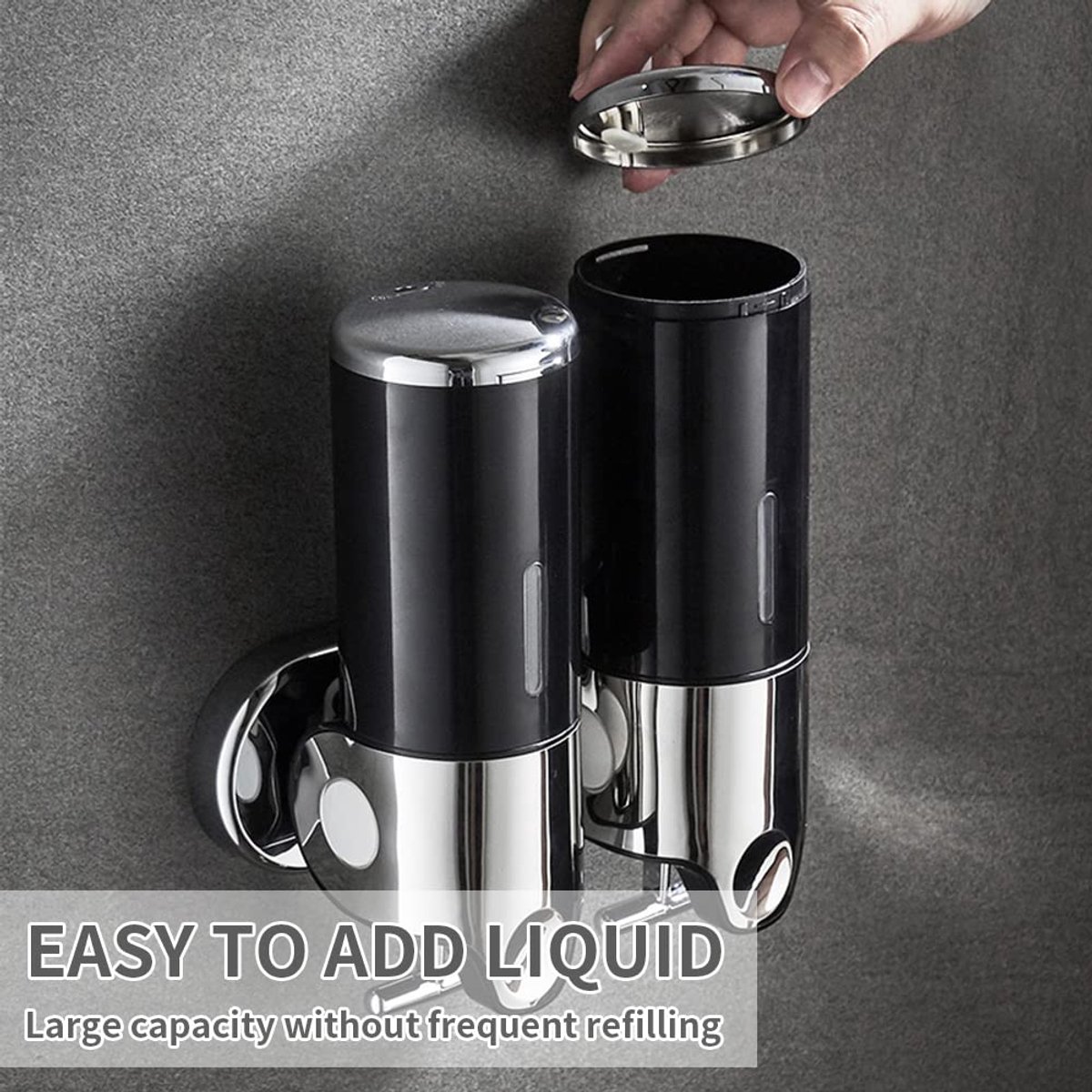 Soap Dispenser - 2 in 1 Liquid Dispenser - 2 × 500 ml - Wall Mounted Soap Dispenser - Kitchen - Bathroom - Shower - 24.1 × 21.6 × 10 cm - Black — image 3