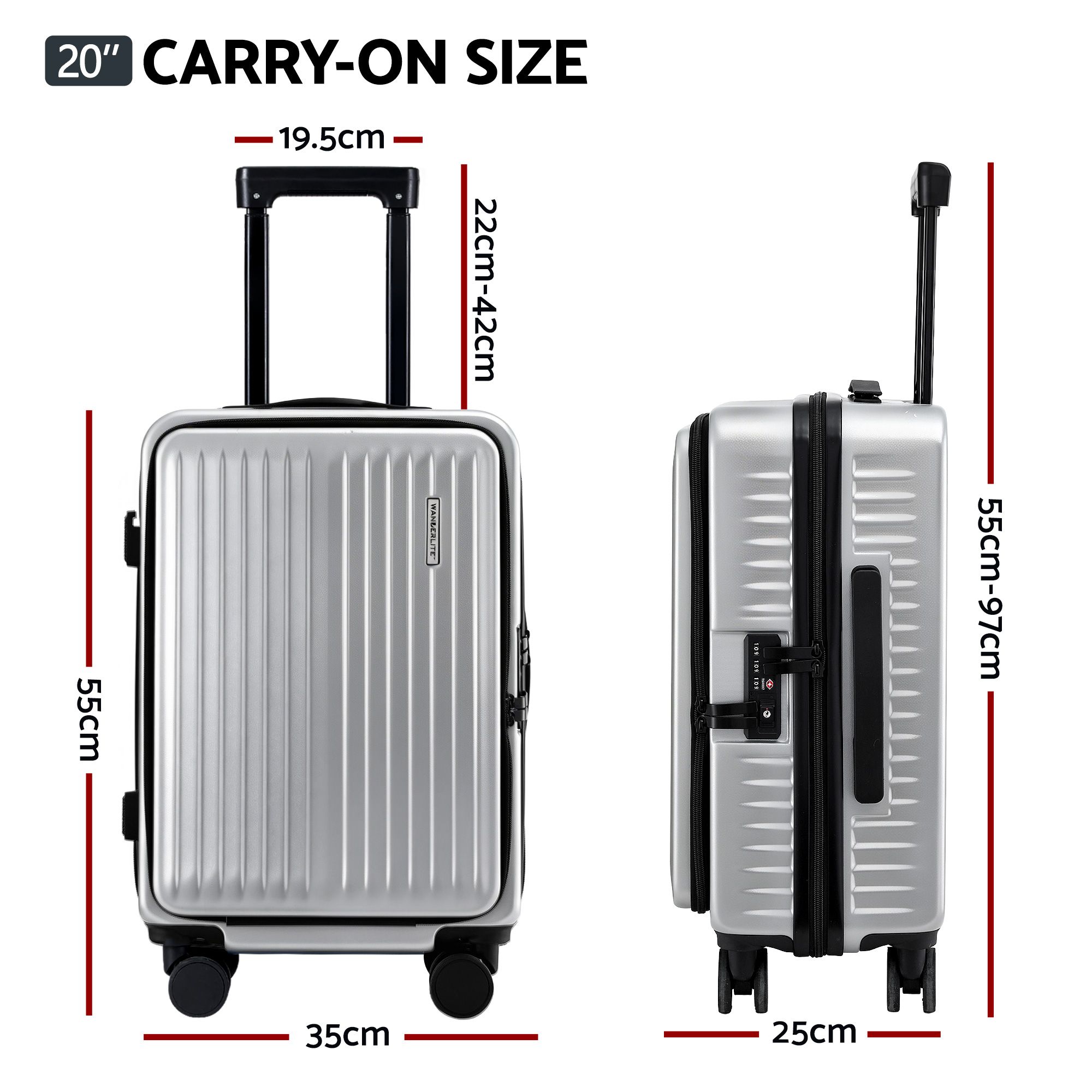 Wanderlite 20" Luggage Suitcase Front Pocket Travel Carry On Dual TSA Silver — image 2