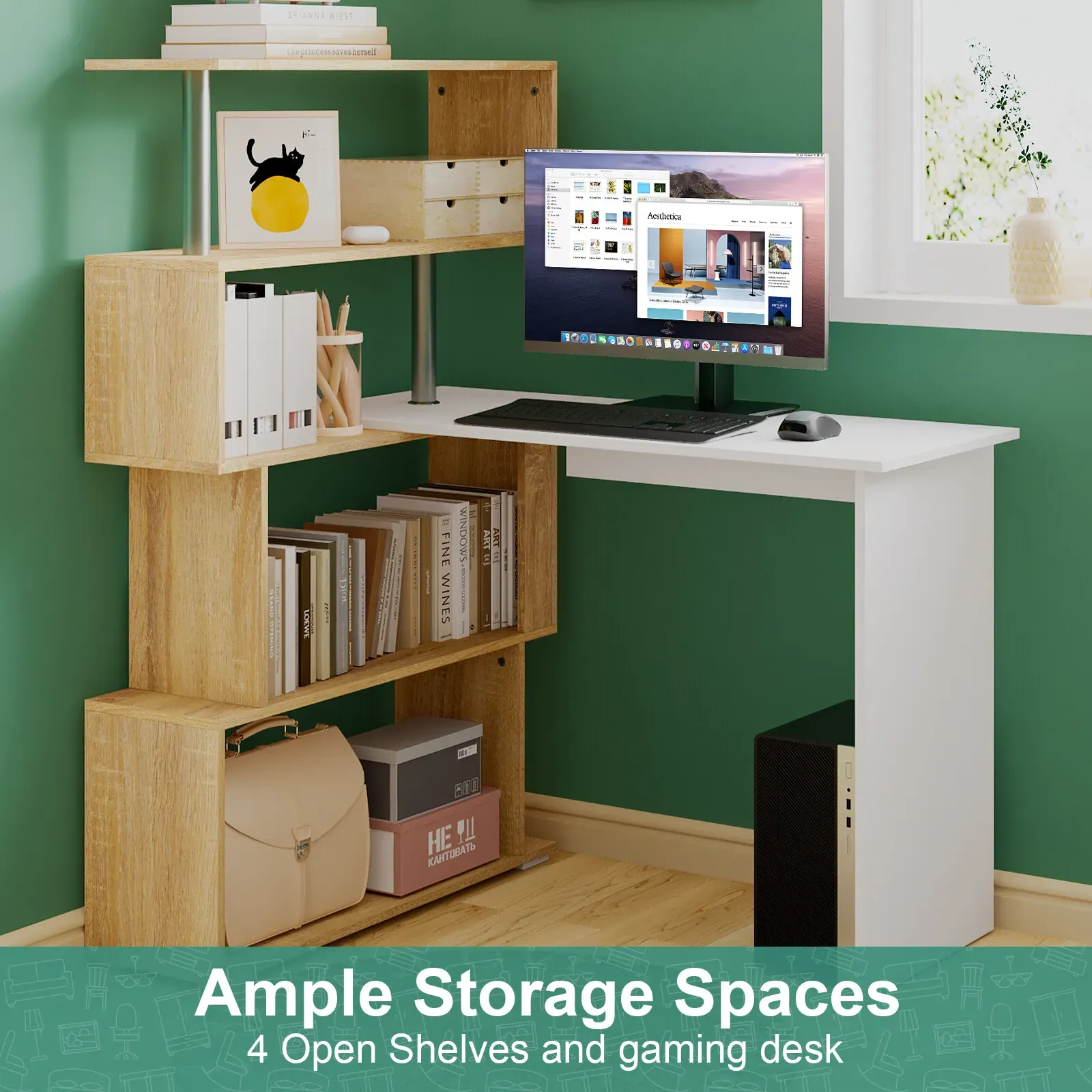 Adjustable Computer Desk with Storage Shelving in White Jointed Oak, 131 × 86 × 106cm — image 4
