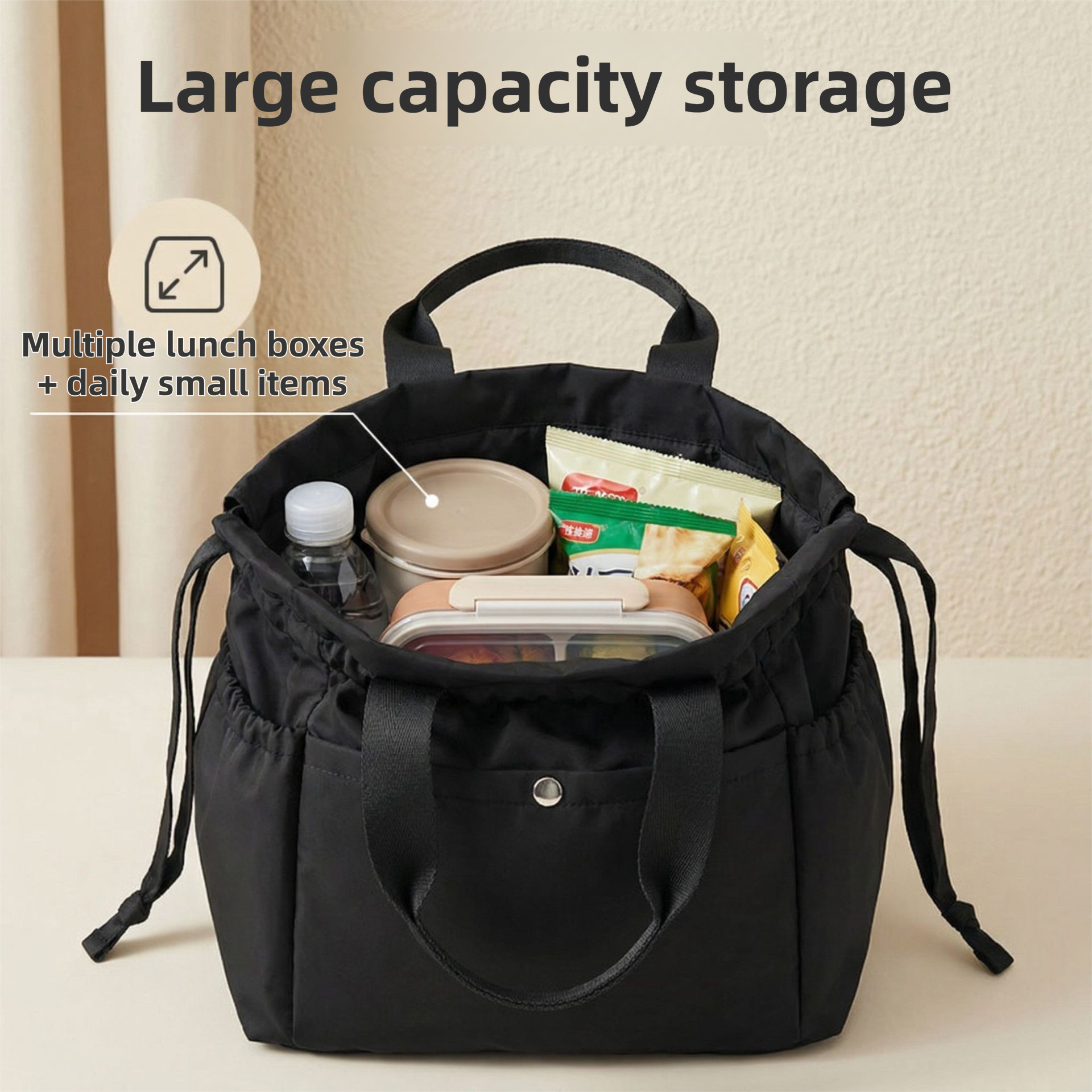 Cartoon Yellow Insulated Lunch Bag for Women Men - Portable Drawstring Tote Lunch Box Bag with Multi Pockets & Stainproof Lining for Work, School — image 2