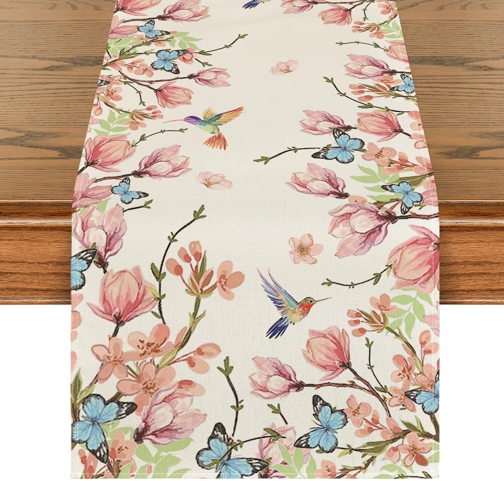 Flowers Bird Butterfly Spring Table Runner, Seasonal Kitchen Dining Table Decoration for Home Party Decor 13 × 72 Inch