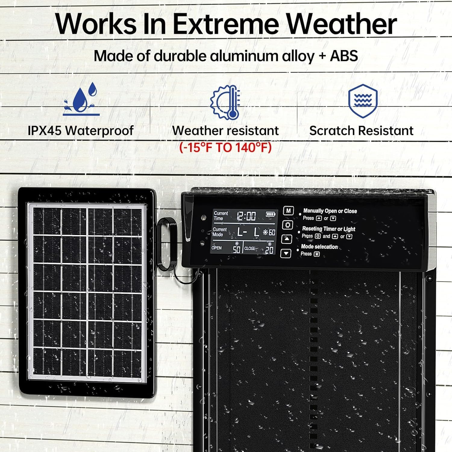 CARLA HOME Automatic Chicken Coop Door Solar Powered with 4 Mode Timer & Light Sensor, Anti-Pinch & USB Charging Port — image 6
