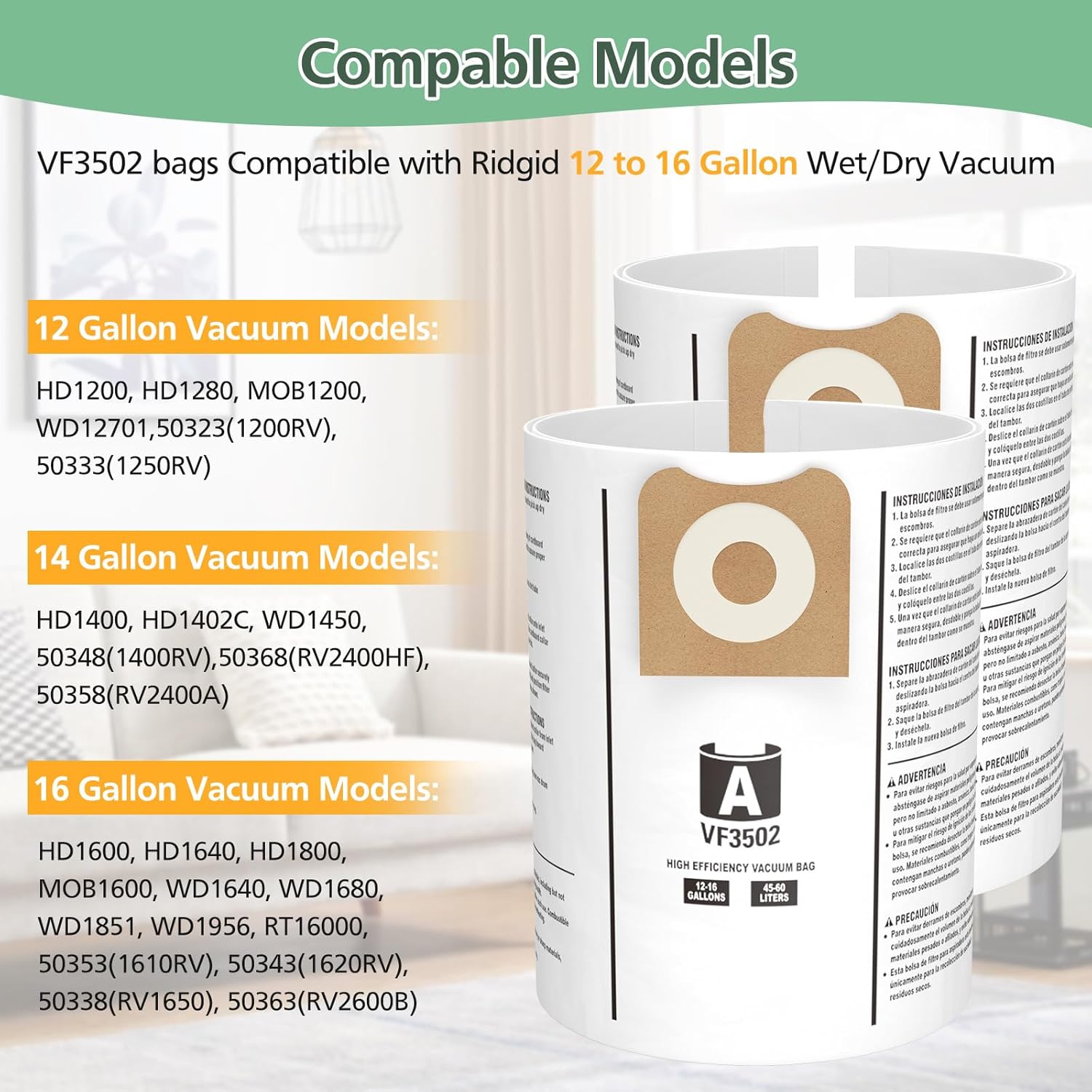 12 Pack 23743 VF3502 Vacuum Bags Compatible with Ridgid 12 to 16 Gallon Wet Dry Vacuums, High Efficiency Replacement Filter Bags for Model WD1950 WD1956 WD1850 — image 2