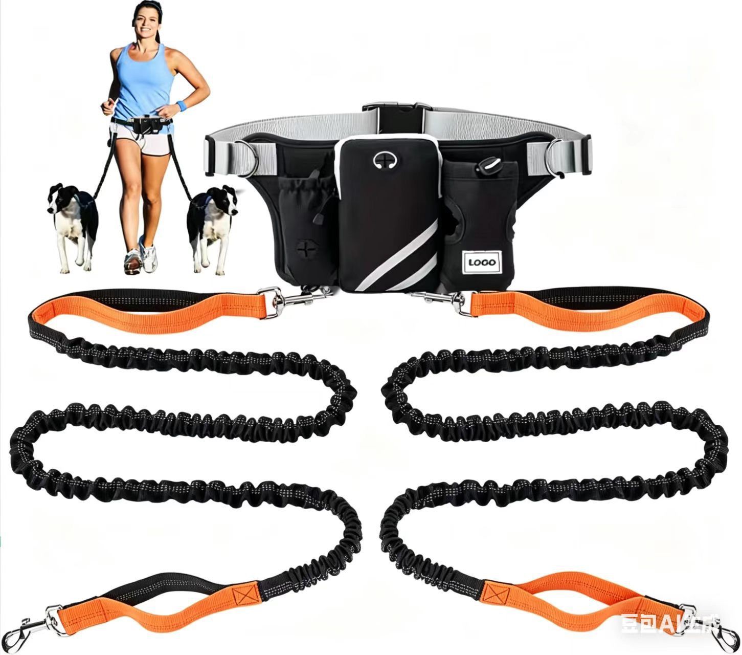 Hands-Free Dual Dog Leash Waist Pack for Running, Walking, and Hiking – Adjustable Oxford Belt with Reflective Strips, Shock-Absorbing Bungee Leashes, 360°