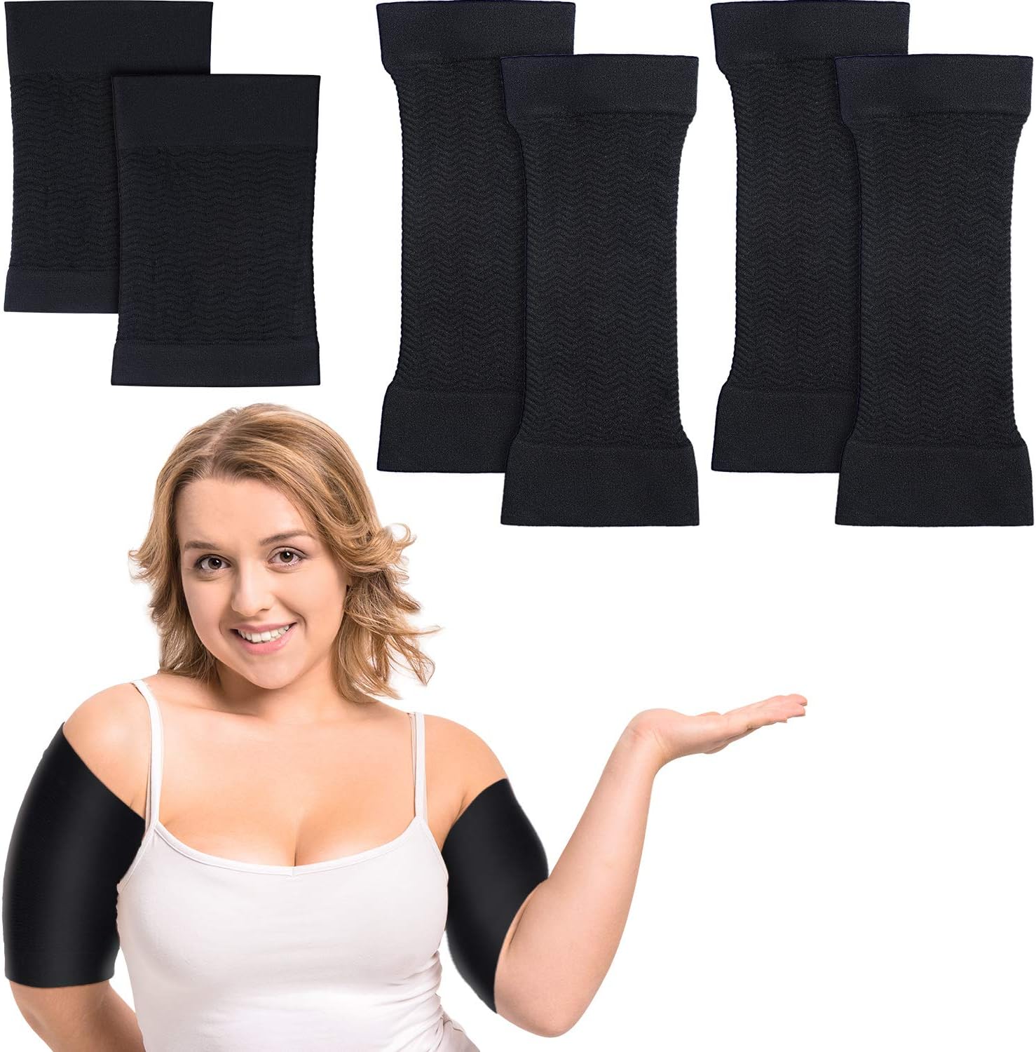 2 Pairs Women Arm Shapers Plus Size Slimming Compression Sleeve Slim Upper Flabby Arm Wrap and 1 Pair Calf Compression Sleeves, Suitable for Circumference 7