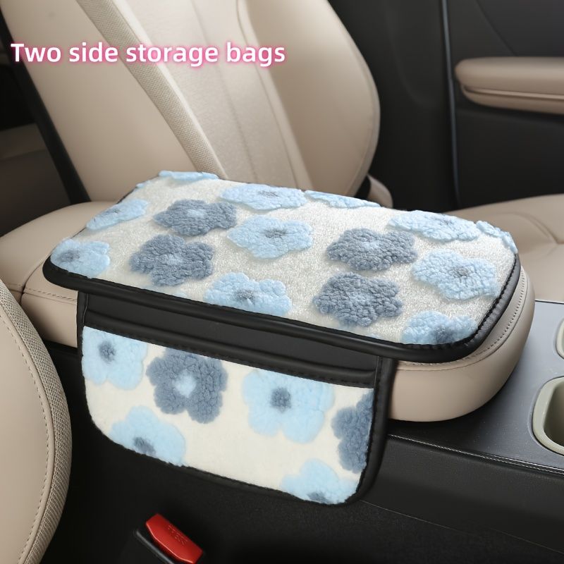 Plush Car Center Armrest Box Cushion, with Storage Bags on Both Sides, Can Store Receipts, Credit Cards, Bills, Warm Hands in Autumn And Winter, Car Interior