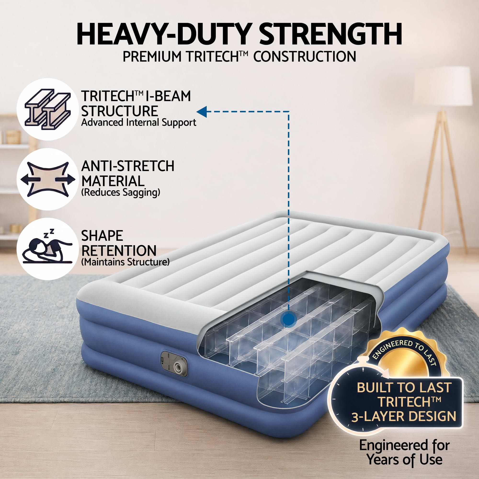 Bestway Queen Air Mattress with Built-in Pump Tritech Inflatable Bed 46cm — image 4