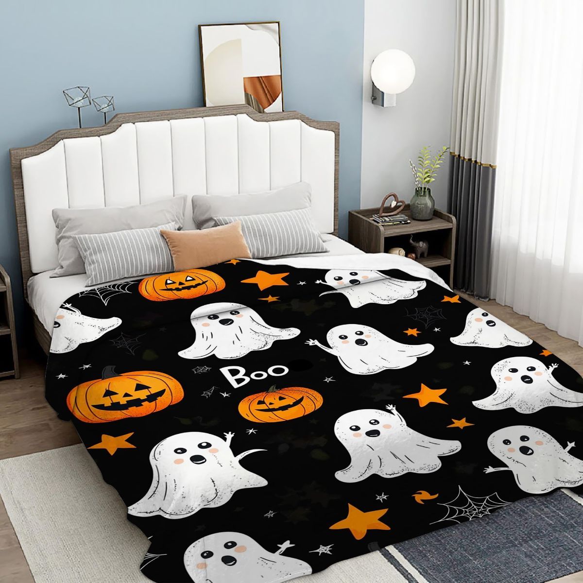 Halloween Throw Blanket Cozy Microfiber Blanket Soft Flannel Throw Festive Home Pumpkin Spider and bat - Black - Size 70cm*100cm โ image 5
