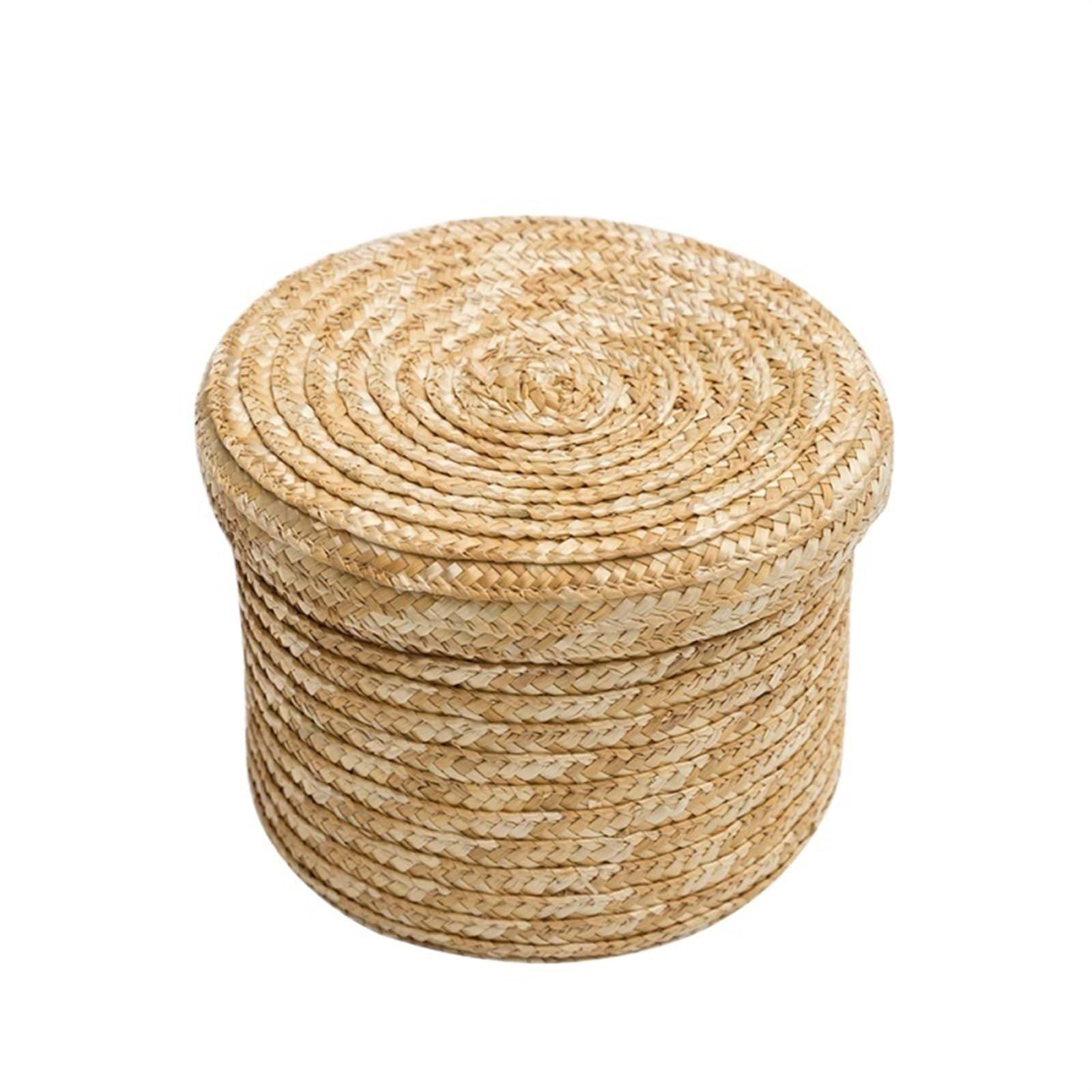 1Pc Handmade Straw Woven Storage Basket Lid Snack Organizer Storage Laundry Baskets Rattan Flower Basket Box Storage(22x22x17cm)