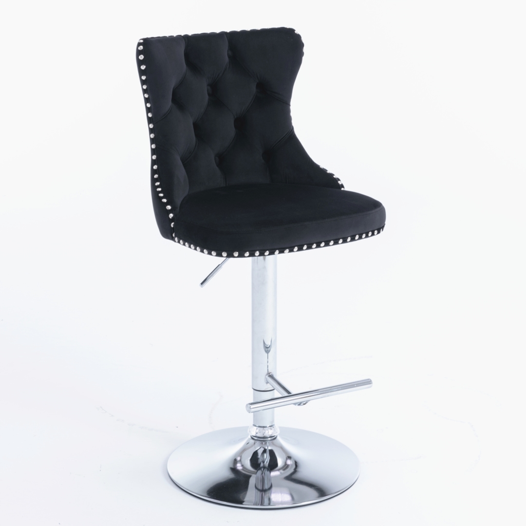 2x Height Adjustable Swivel Bar Stool Velvet Studs Barstool with Footrest and Chromed Base- Black โ image 3