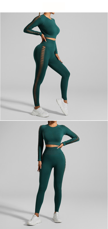 Dark Green Size M Tie-Dye Yoga Set Long Sleeve Butt Lift Leggings Seamless Workout Training Gym Clothes — image 3