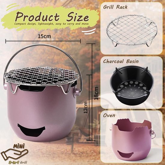 Grill - Portable Charcoal Grill - Mini Stainless Steel Charcoal Grill - Small Outdoor Grill - Suitable for Camping, Backyard BBQs, RVs and Picnics (Purple) — image 2