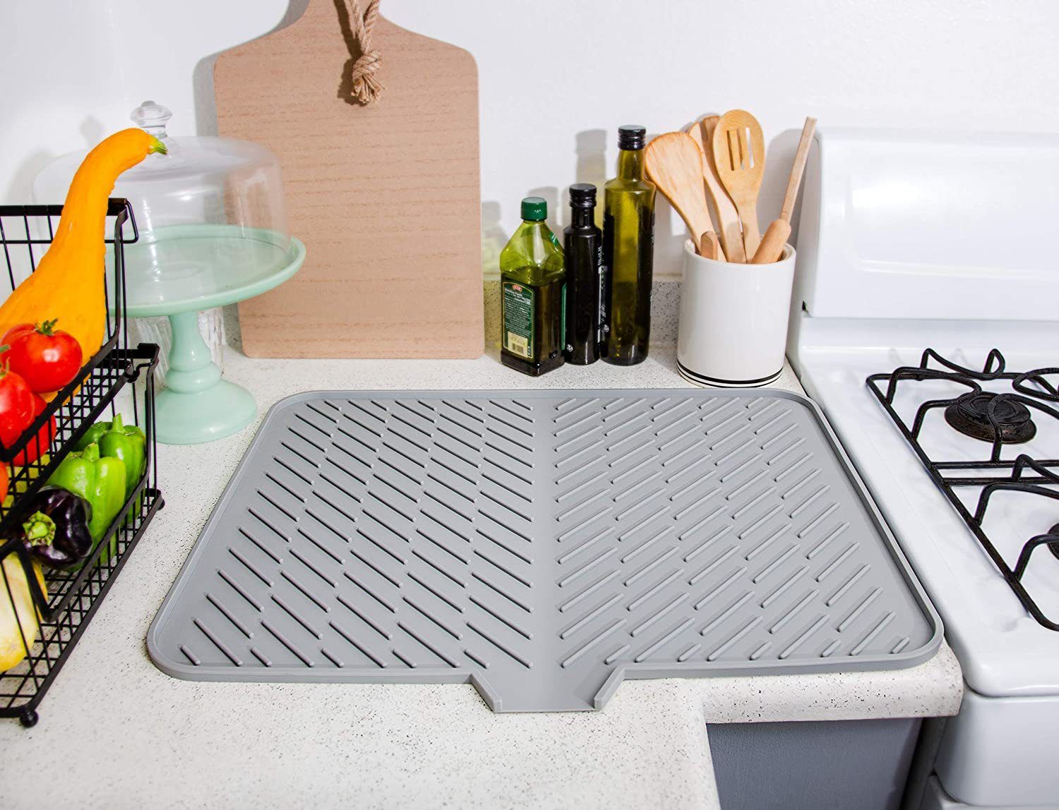 Silicone Dish Drying Mat with Built-in Drain Lip - Hygienic Drying Pad - Sturdy Compact Easy to Clean Tray Protects Surfaces β image 4