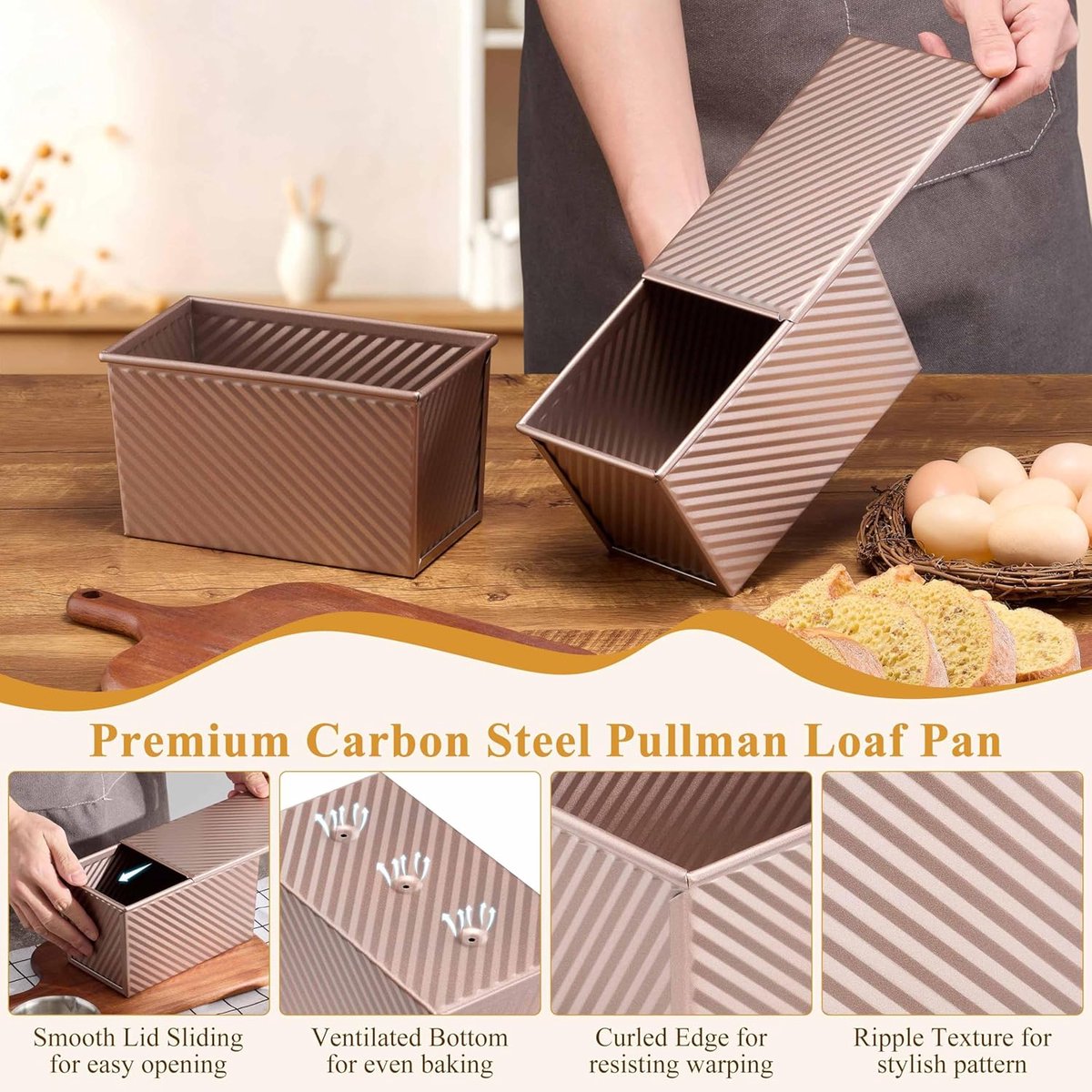 2-pack Pullman loaf pan with lid - 1 pound bread baking pan - non-stick coating for homemade sourdough bread - toast box - sturdy corrugated baking pans with — image 5