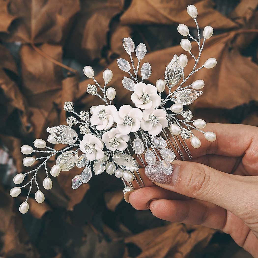 Flower Bride Wedding Hair Comb Leaf Bridal Headpiece Pearl Hair Accessories Crystal Hair Piece Jewelry for Women and Girls — image 2