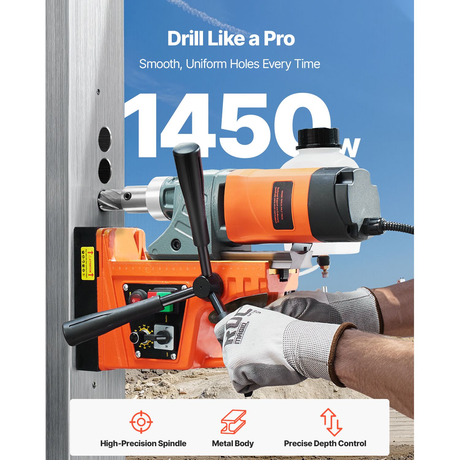 Magnetic Drill, 1450W Motor 1.6 in Boring Diameter, 2810 lbf Portable Electric Mag Drill Press, with 2 Coring Bits, Variable Speed, Drilling Machine for Metal — image 2