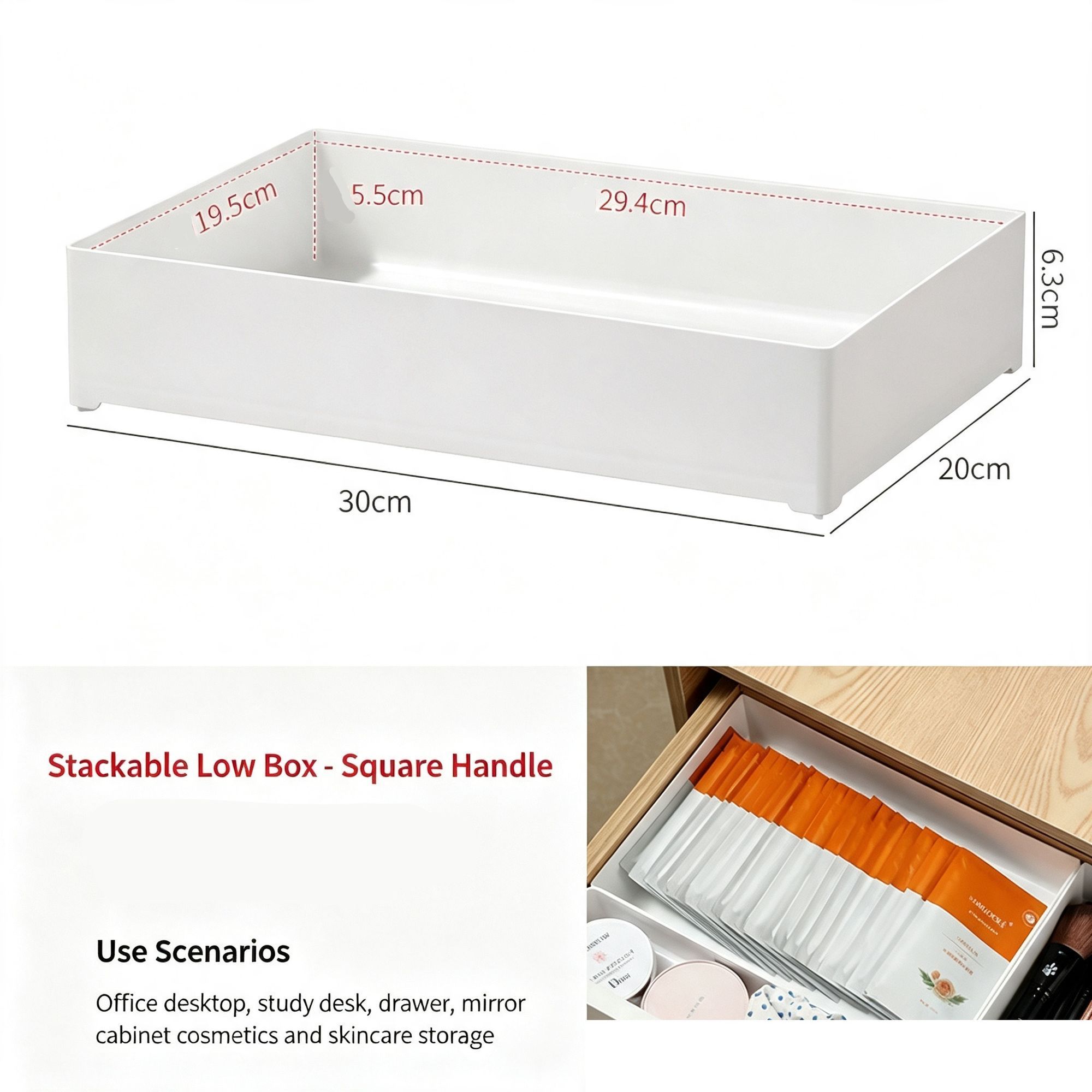 White Low Square Storage Box, Compact Acrylic Organiser For Bathroom Cabinet