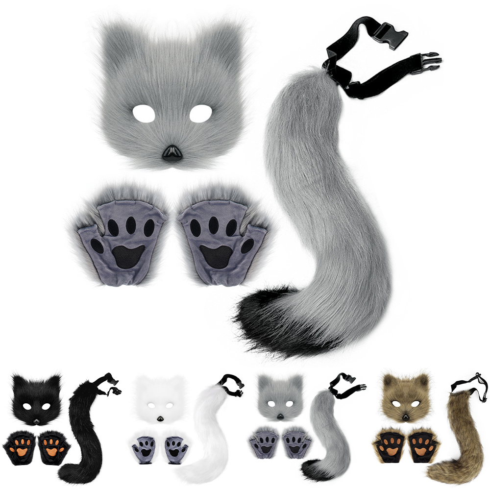 Therian Paws Fur Mask & Tail Set Girly Cat Mask Halloween Party Costume Black โ image 4