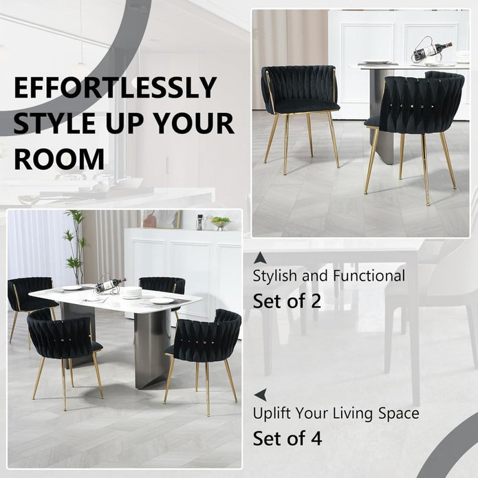 SERENITà Black Modern Hand Weaving Dining Chairs, Velvet Upholstered Side Chairs with Gold Legs, Chic Vanity Chairs with Armrest, Accent Chair for — image 4