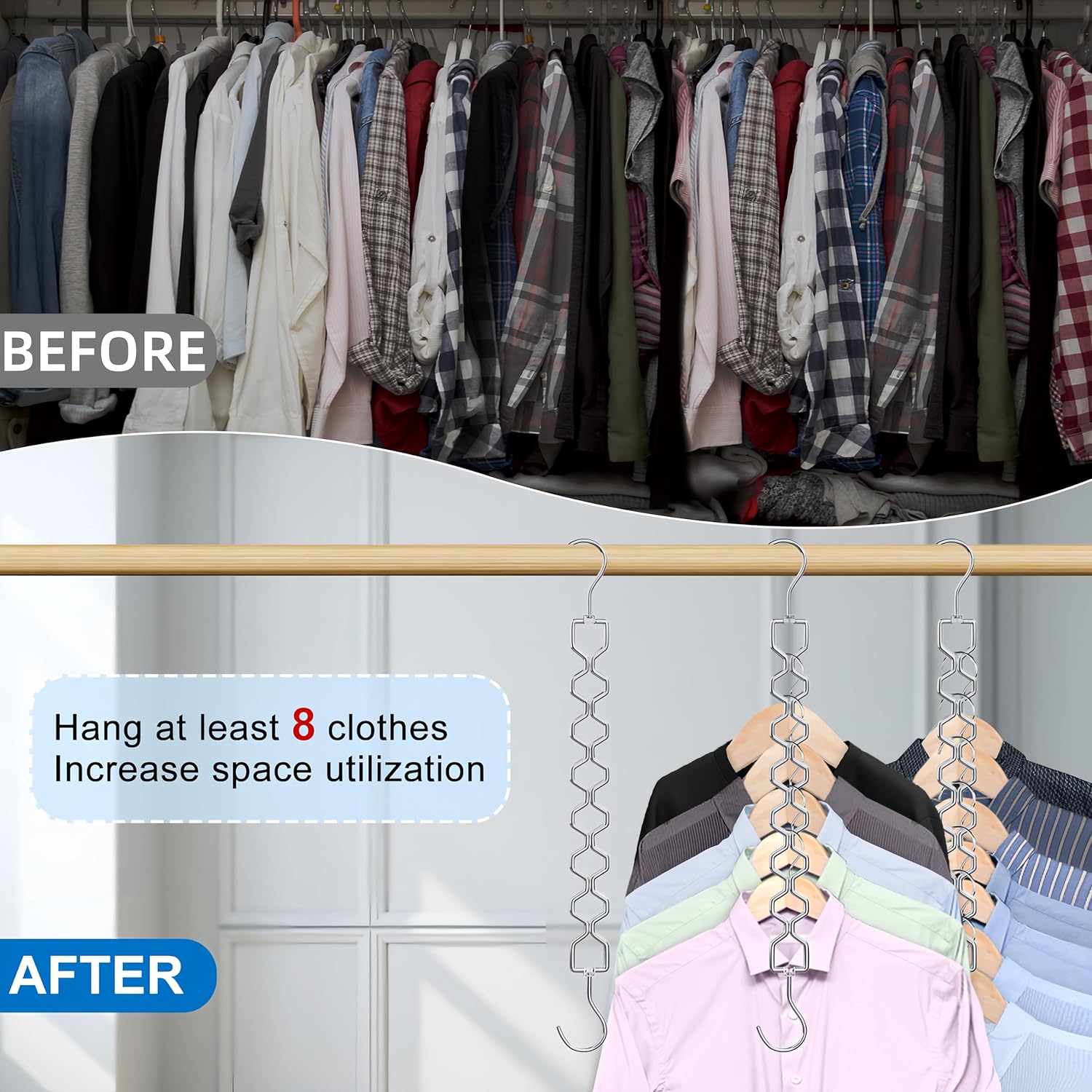 Space Saving Hangers for Clothes 6 Pack, Sturdy Metal Hangers Heavy Duty Magic Clothes Space Saver Hanger Organizer with 360° Swivel Hook, Closet Organizers — image 2