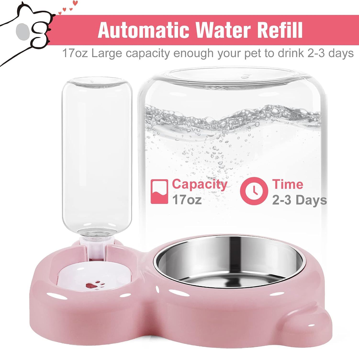 Cat Food and Water Bowl 2 in 1 with Automatic Water Dispenser Pink, 500 ml โ image 2