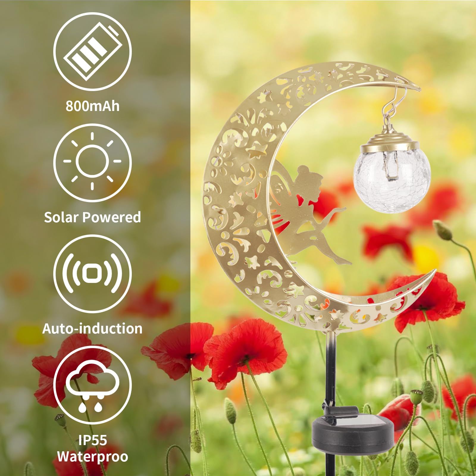 Solar Lights Outdoor Waterproof Fairy Moon Crackle Glass Lights with Metal Angel Decor for Walkway Yard Patio or Garden Gifts for Mom Grandma Friends โ image 3