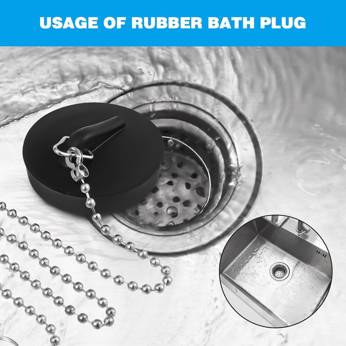 2-Pack Drain Plug - Sink Plug - Bath Plug for Home - Universal Plug Set - Diameter 42-45 mm - For Sinks - Kitchen Sink Plug Chain - Black โ image 6