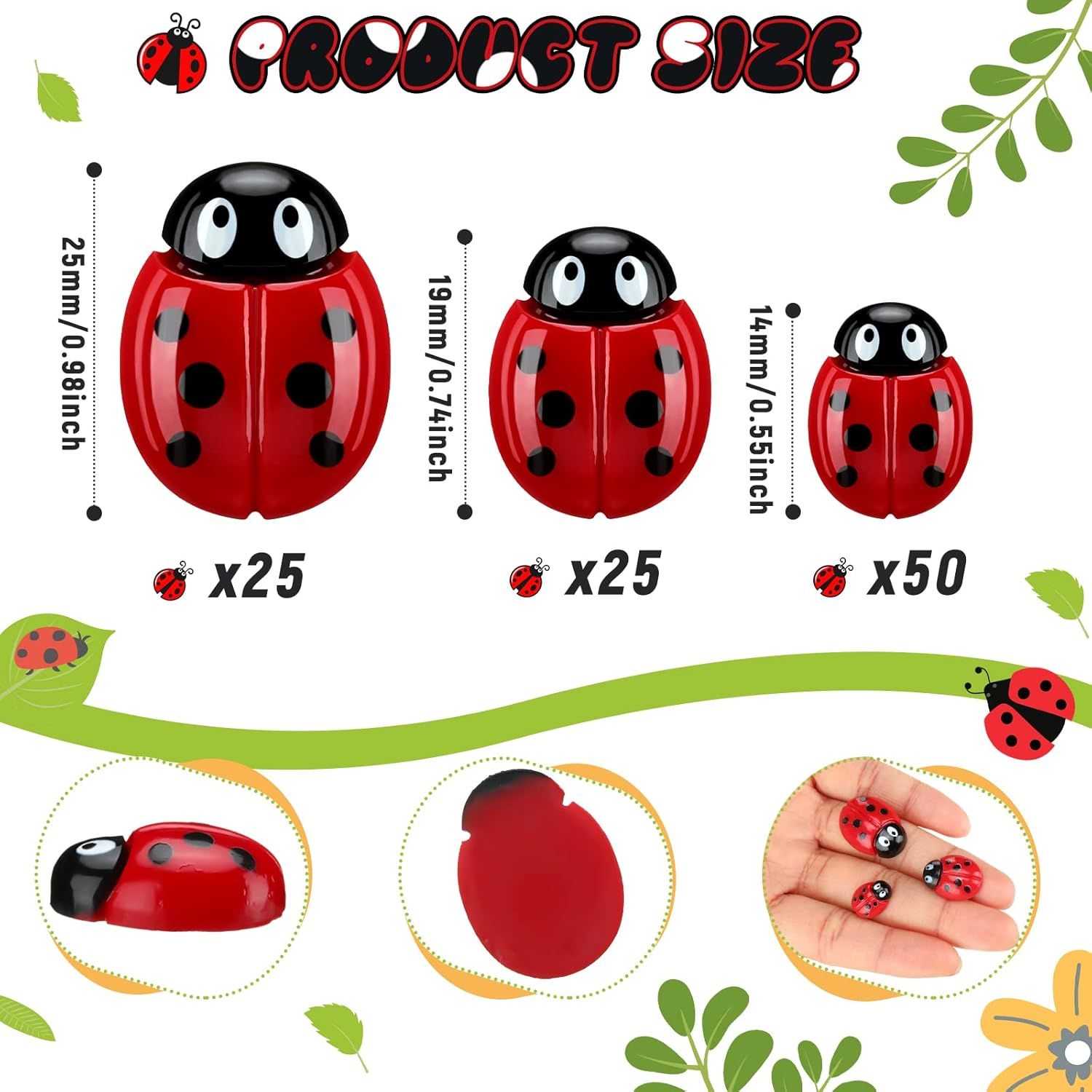 100 Pieces Tiny Resin Ladybugs Decor 0.55''-0.98'' 3 Sizes Mini Ladybugs Ornaments Miniature igurines Crat or DIY airy Garden Dollhouse Micro Landscaping โ image 3