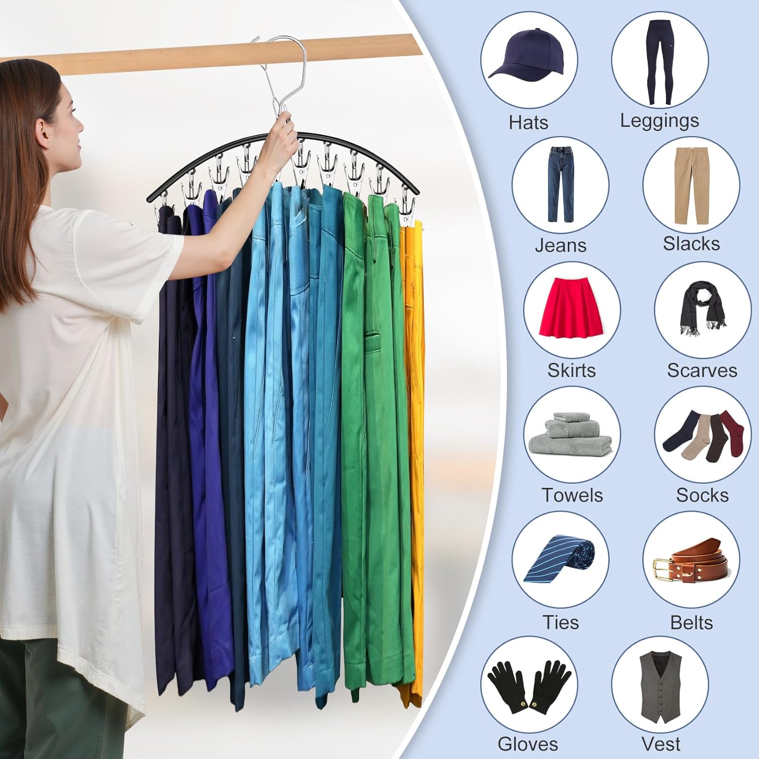 3 Pack Skirt Pants Hangers with Clips, Legging Organizer for Closet Hanging with 10 Cilps Holds 30 Leggings/Shorts/Jeans/Skirts Pants Hangers Space Saving — image 3