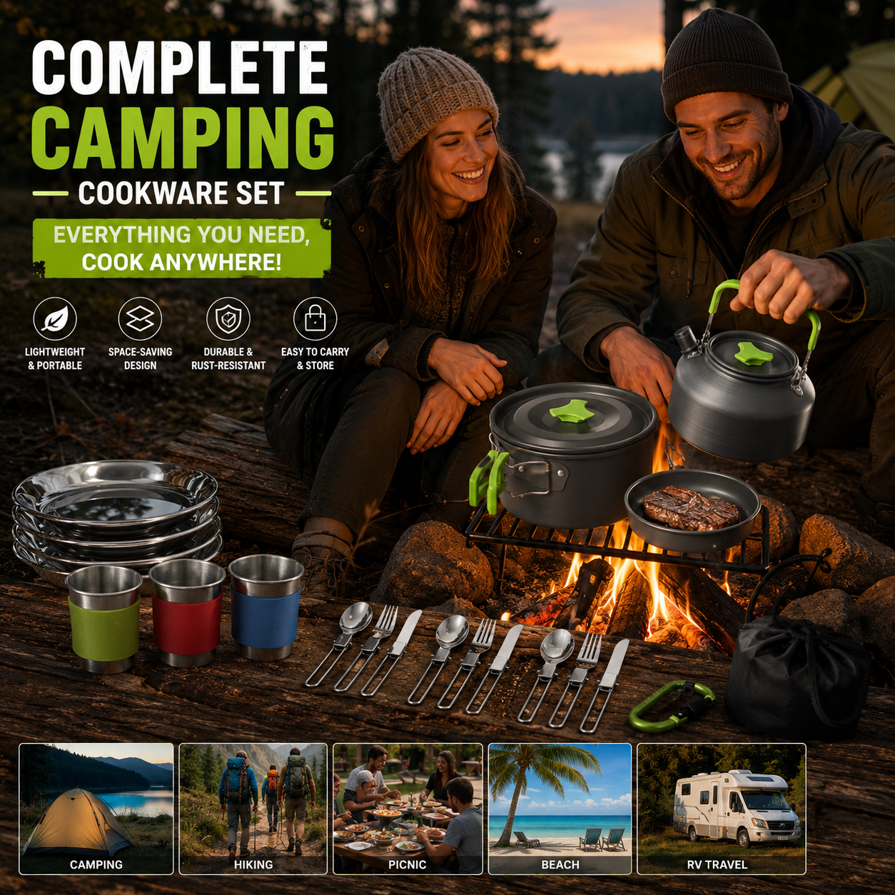 Green Camping Cookware Set for 2–3 People – Portable Outdoor Cooking Pot, Frying Pan & 1.1L Kettle Kit with Stainless Steel Plates, Cups & Cutlery, Lightweight — image 2