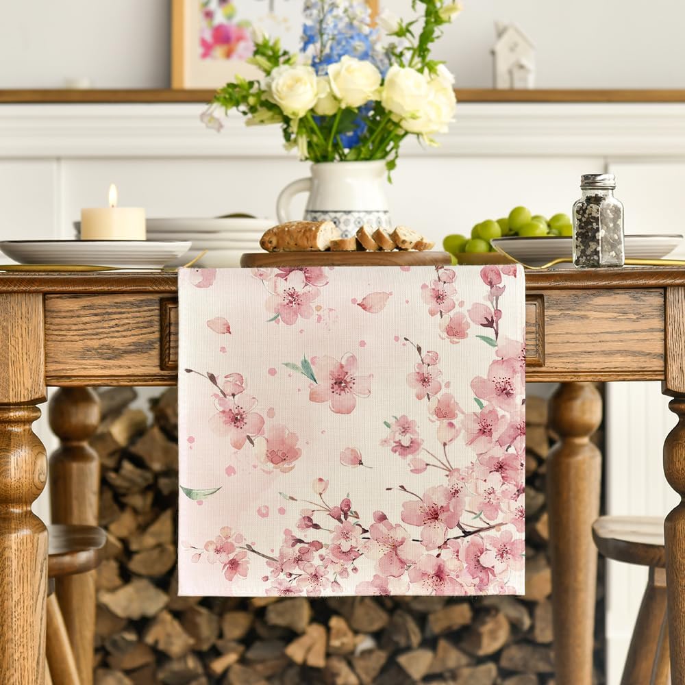 Floral Cherry Blossoms Branches Summer Table Runner, Seasonal Spring Kitchen Dining Table Decoration for Home Party Decor 13 × 72 Inch — image 2