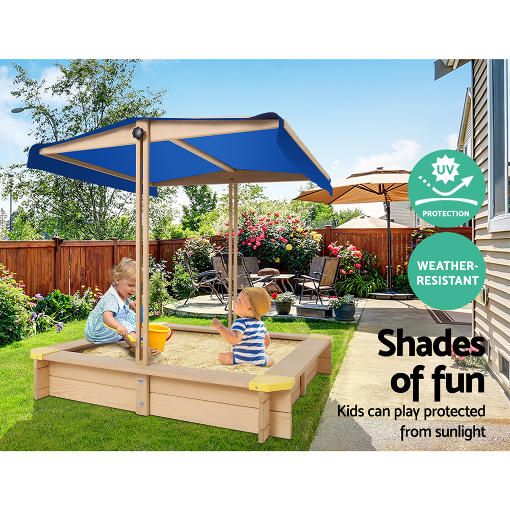 Keezi Kids Sandpit Wooden Sandbox Sand Pit with Canopy Bench Seat Toys 101cm — image 5