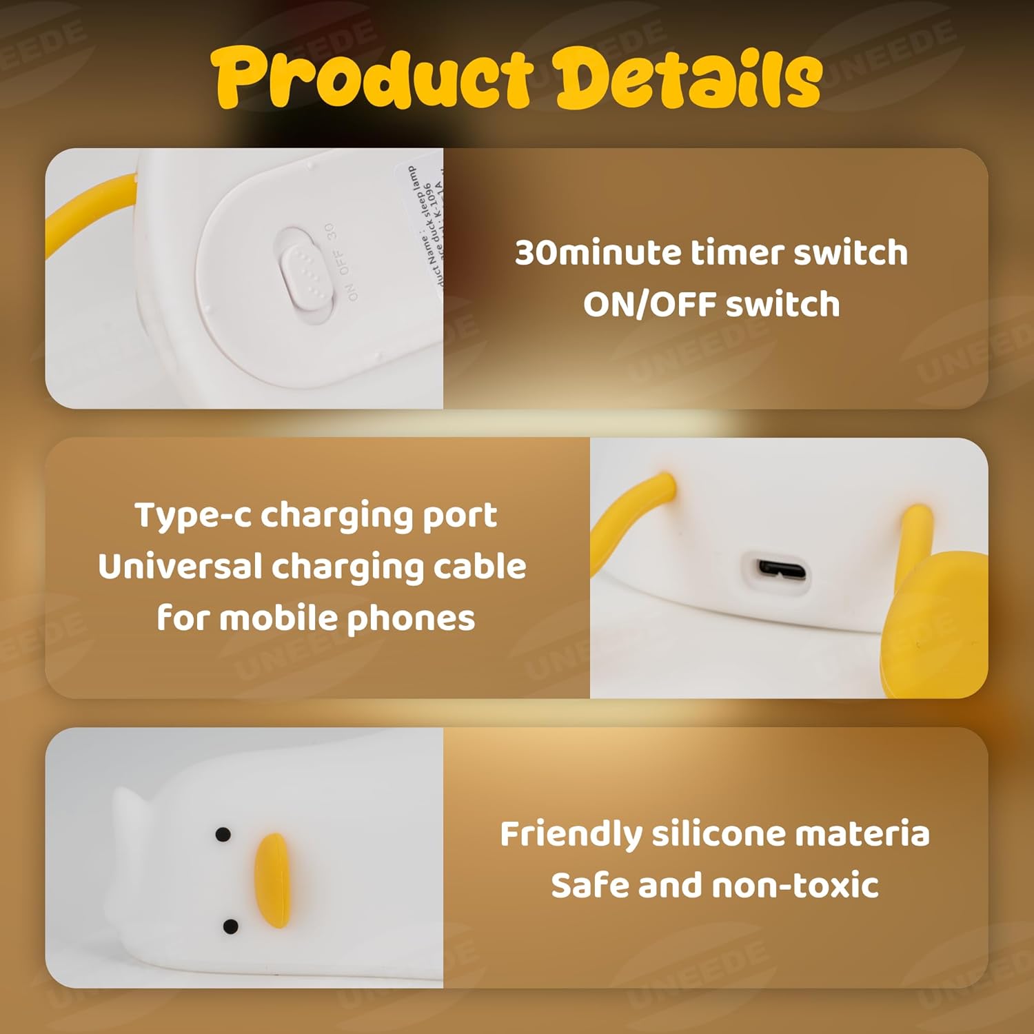 UENEEDE Lying Flat Duck Lamp, 3 Level Dimmable Rechargeable Silicone Night Light, Benson Duck Cute Squishy Touch Sensor Bedside Lamp for Nursery — image 6