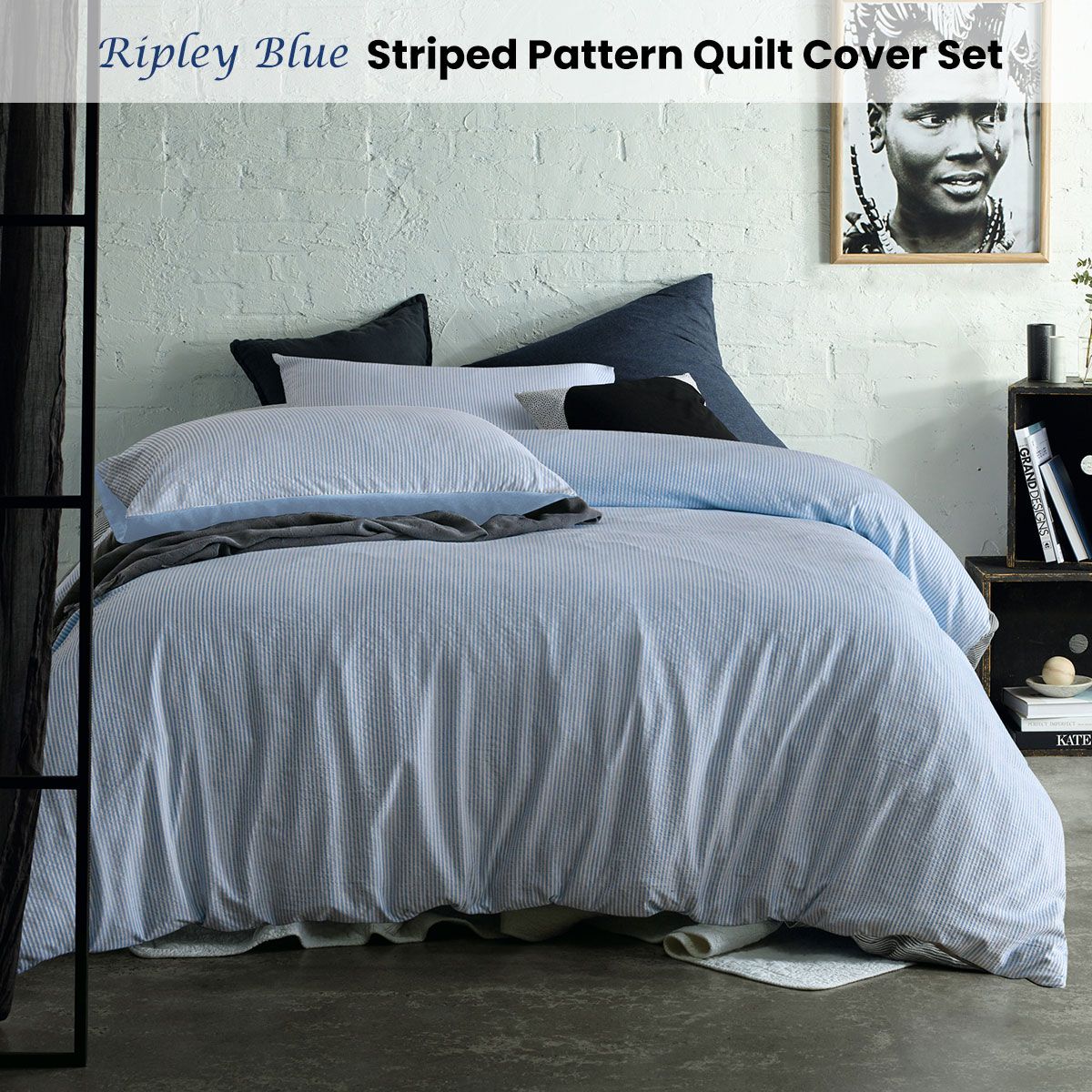 Accessorize Ripley Blue Striped Pattern Quilt Cover Set Double β image 2