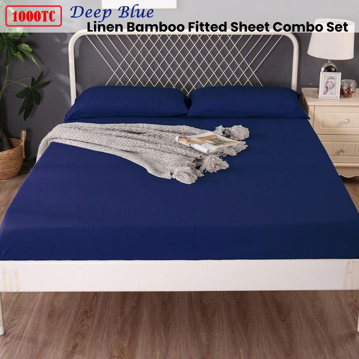 Ramesses 1000TC Linen Bamboo Fitted Sheet Combo Set Deep Blue Double — image 2