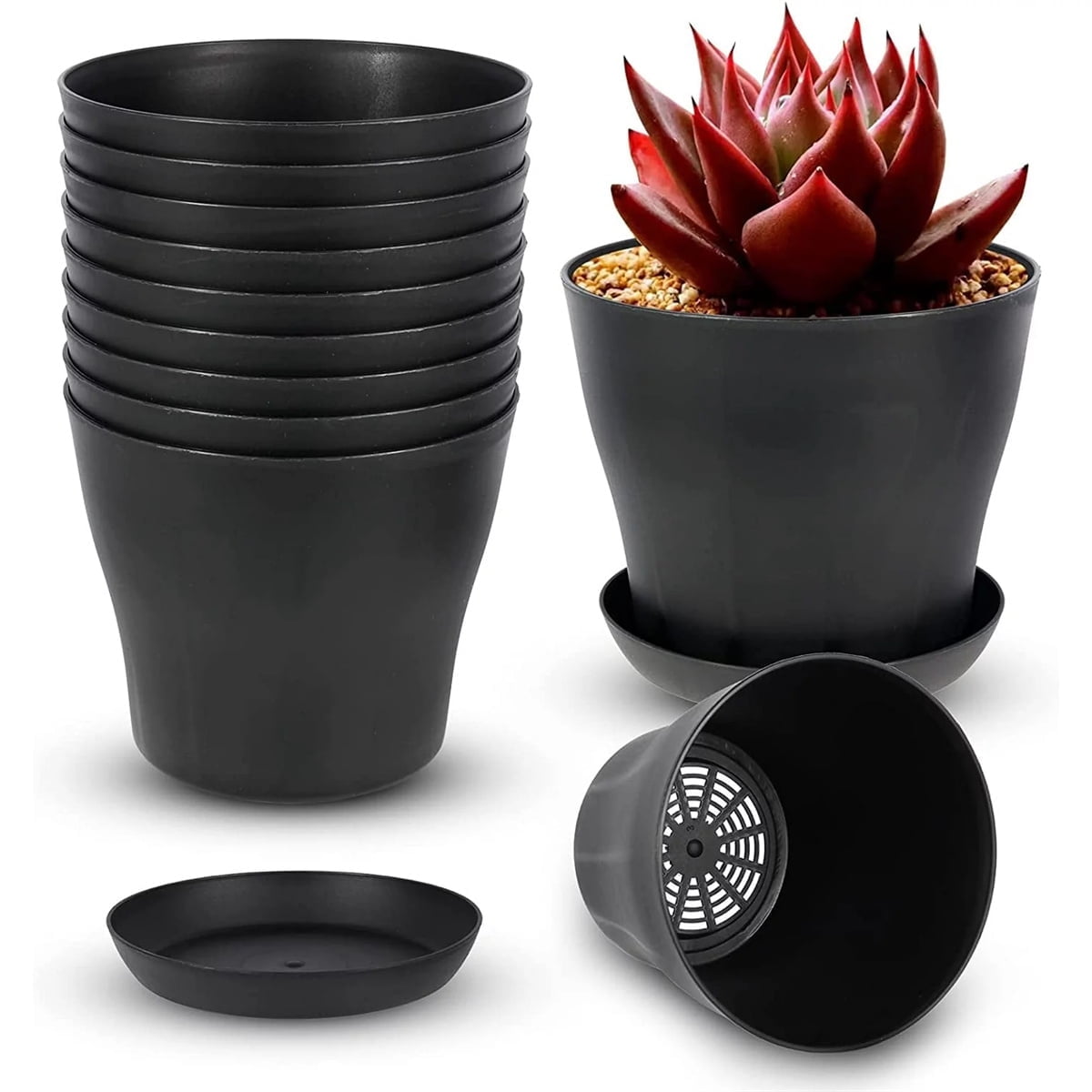 Pots for Plants, 8 Pack 4.8 inch Plastic Planters with Multiple Drainage Holes and Trays - Plant Pots for All Home Garden Flowers Succulents (White)