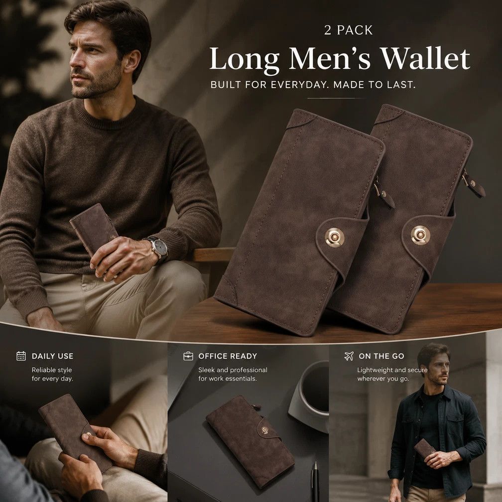 Retro All-Solid Long Men Hand Wallet 2 Pcs Set, Magnetic Portable Multi-Slot Billfold, Exquisite Daily Gift Pack, Coffee