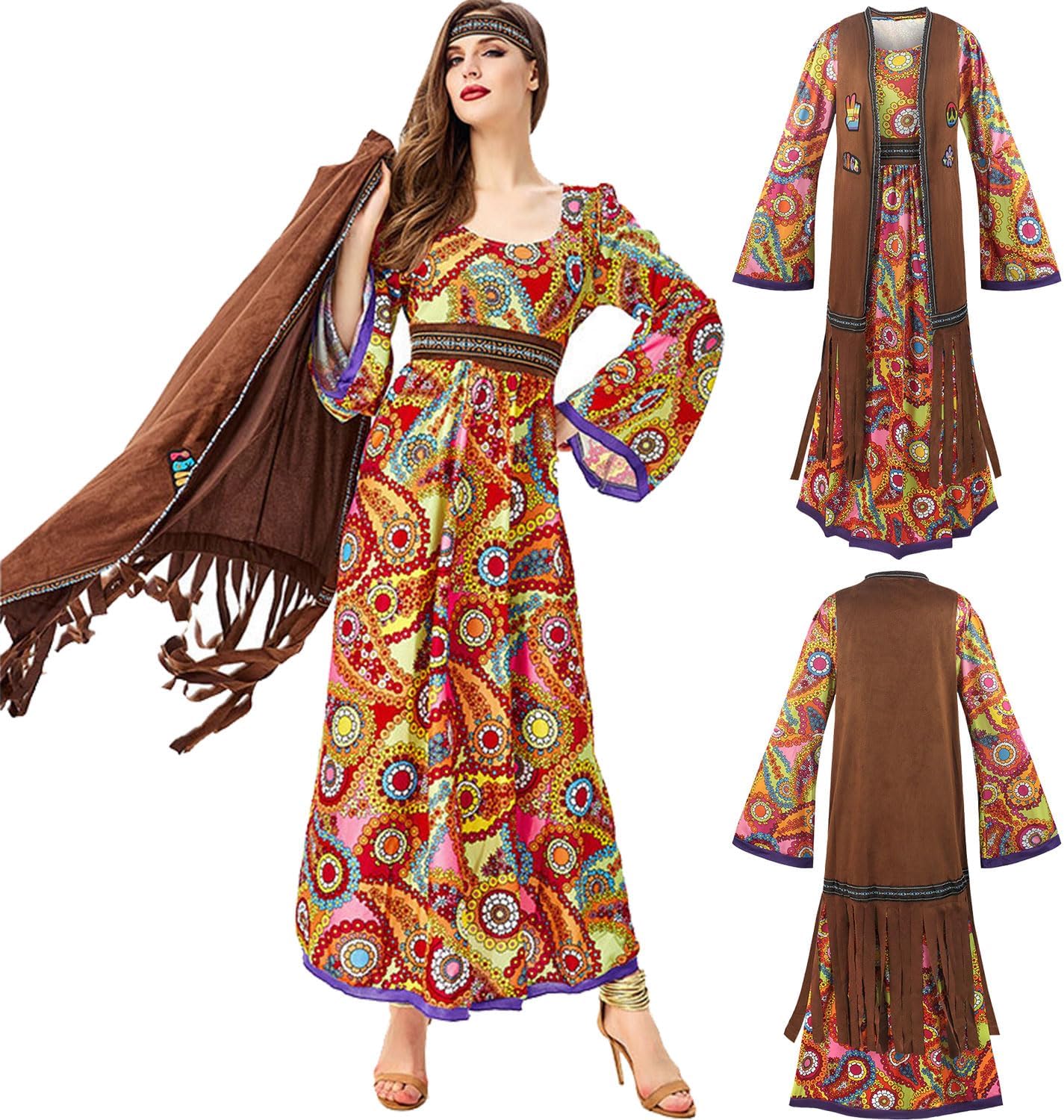 60s costume women, hippie women's dress set, 70s disco halloween outfits, hippie clothing women's costume, 60s clothing accessories M — image 3