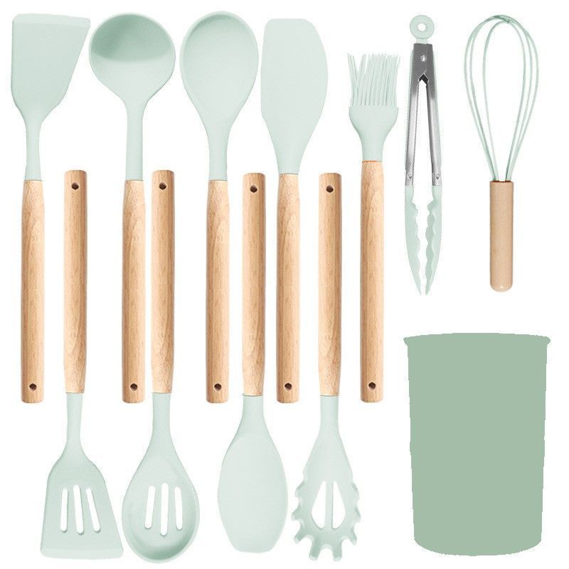 Silicone Kitchen Utensils 12‑Piece Set Light Green,Multi‑Purpose Silicone Spatula Spoon Collection,Gentle for Non‑Stick Surface,Household Kitchen