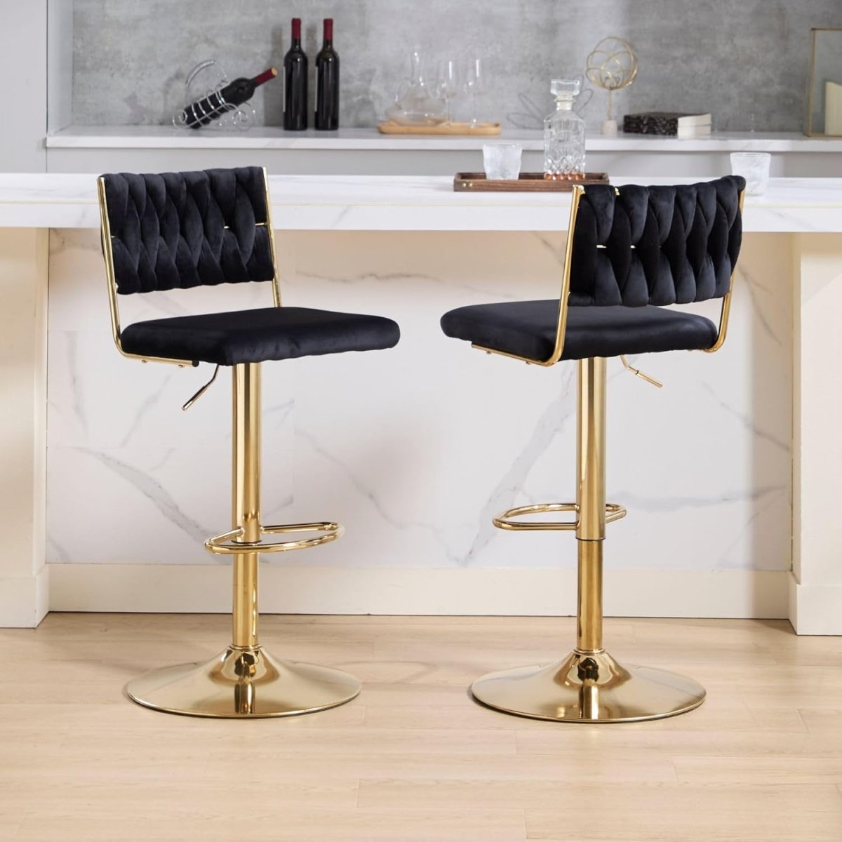 SERENITà 2x Velvet Bar Stools with Braided Back Elegant Kitchen High Chairs, Kitchen Island Stools Adjustable Height Swivel Bar Chairs with Gold Legs for — image 5
