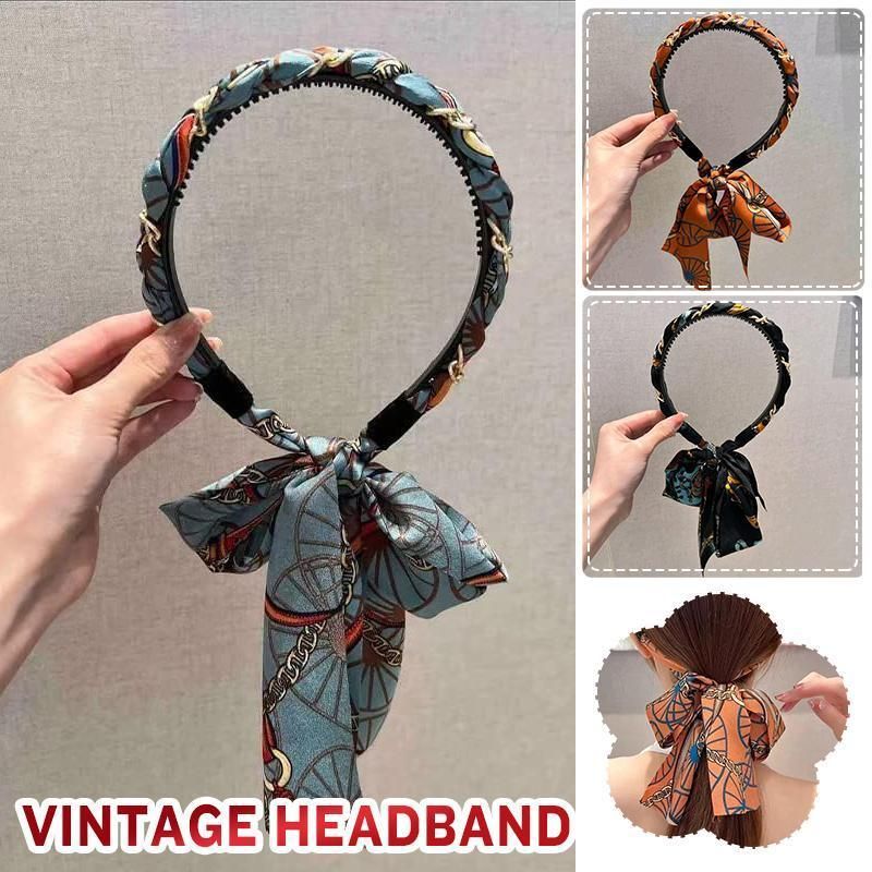 Chains patterned satin headband with Long Scarf Headband Scarf Hair Accessories - Black — image 2
