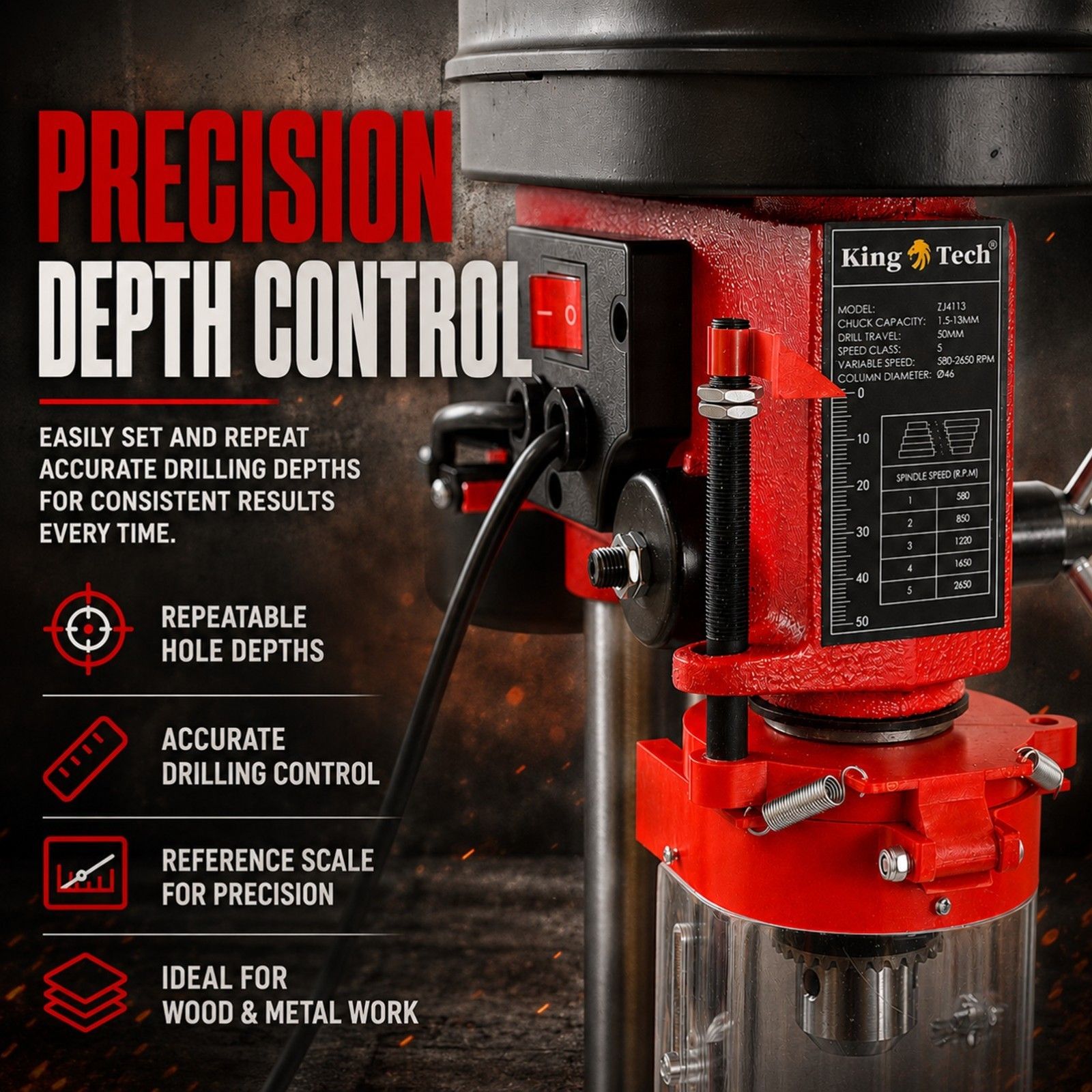 King Tech 450W Drill Press Pedestal Benchtop Bench Stand Pillar 5 Variable Speed — image 4