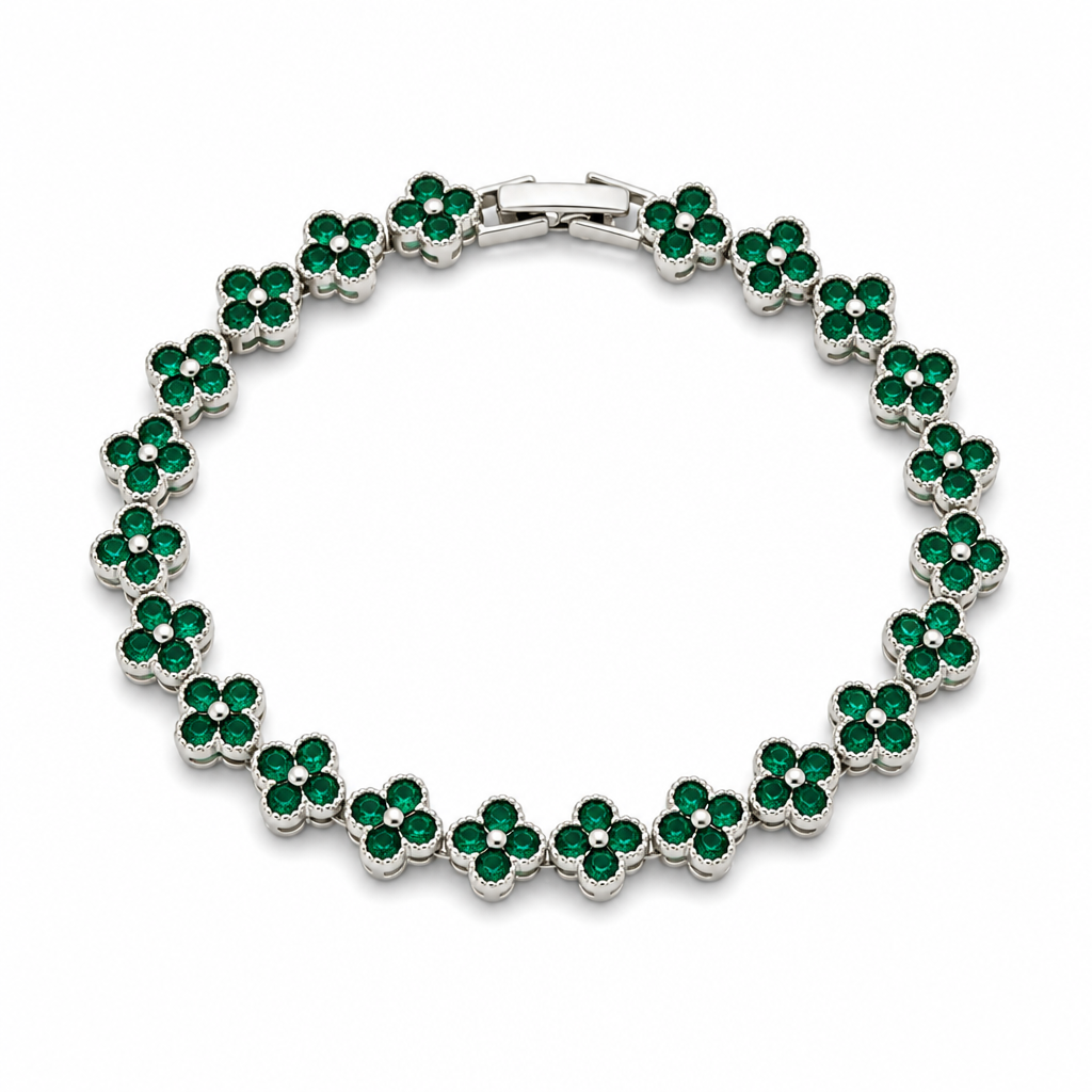 Silver and Green Four-Leaf Clover Zircon Bracelet - Gold-Tone Alloy Lucky Charm Wristband with Full Crystal Pave, 22cm Elegant Fashion Jewellery for Women — image 2