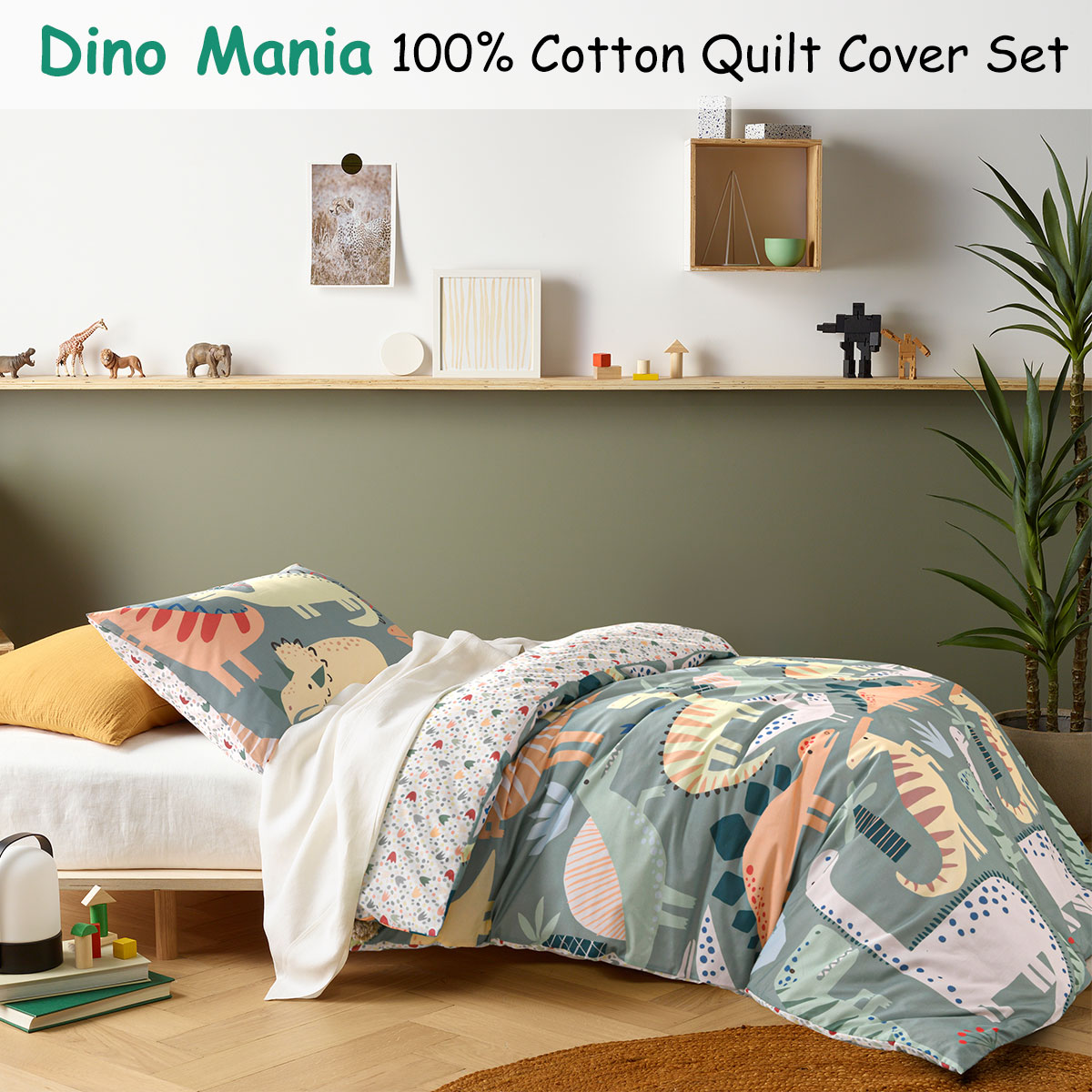 Happy Kids Dino Mania Green Cotton Quilt Cover Set Single — image 2