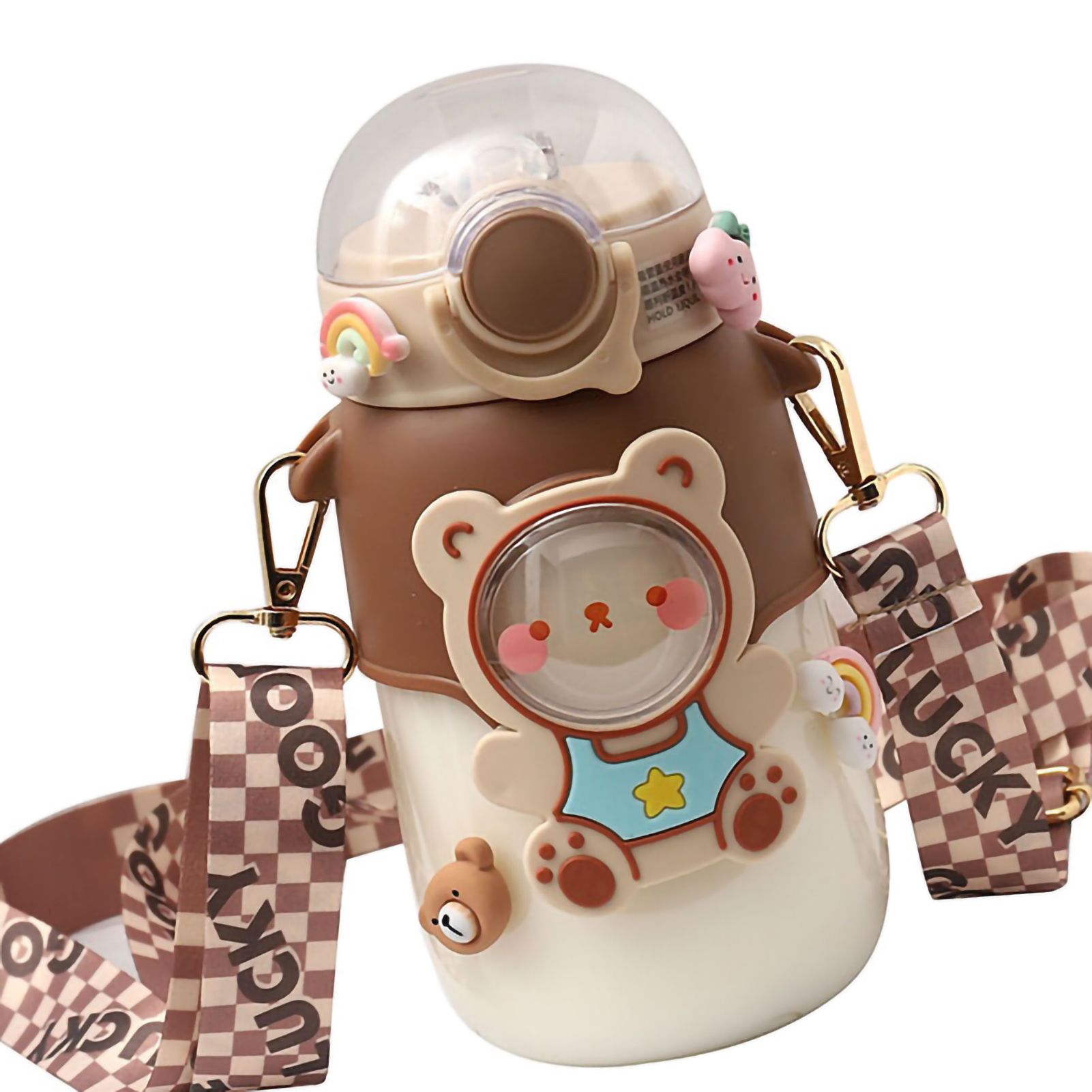 Soft Straw Drinking Cup Portable Plastic Sippy Cup Cartoon Pattern Water Bottle with Strap Brown — image 2