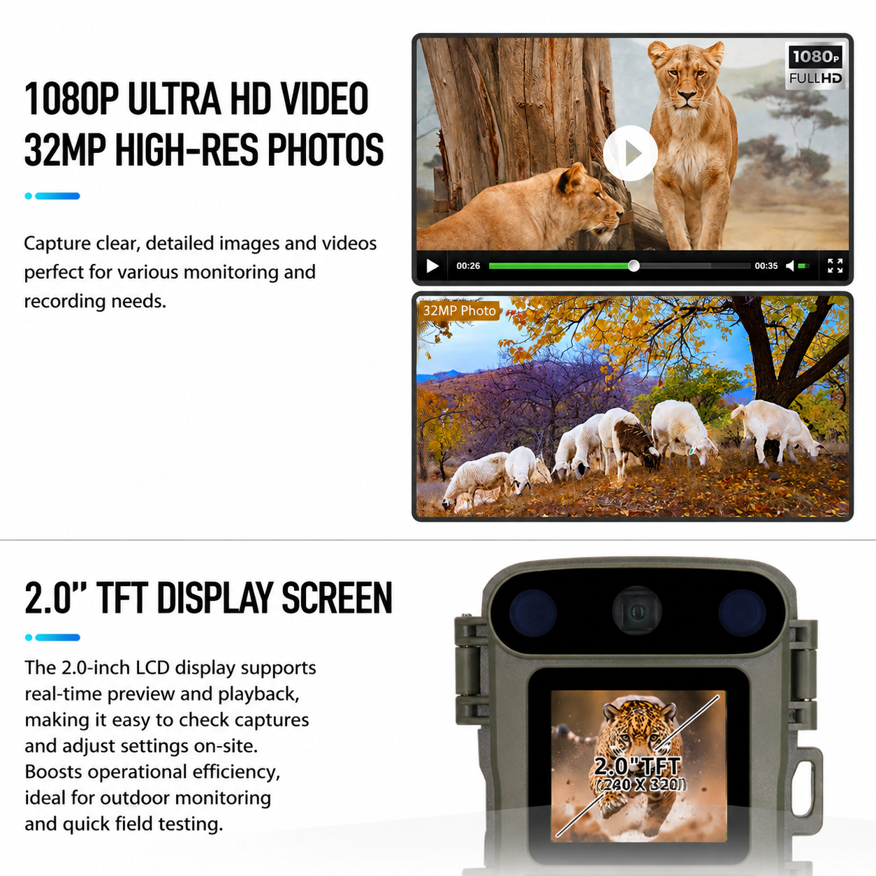 32MP 1080P Infrared Night Vision Scouting Camera, IP66 Waterproof Outdoor Wildlife Sensor Camera with 2" Color Screen & 20m PIR Range for Home Farm Security โ image 3