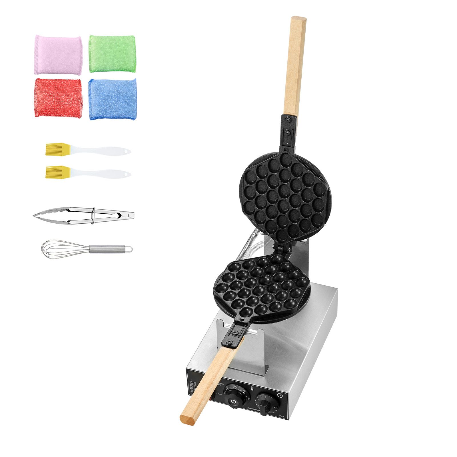 Commercial Bubble Waffle Maker, 1400W Egg Pancake Baker Machine, Non-Stick Stainless Steel Egg Bubble Puff, 180° Rotatable, Temp and Time Control, Wooden