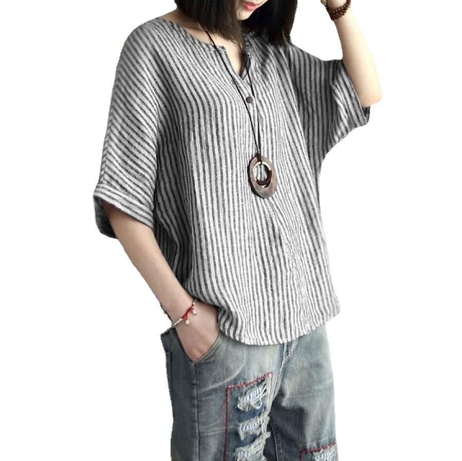 Women Striped Cotton Blend Batwing Casual Top T-Shirt Large quantity in stock, shipped within seconds on the same day M — image 4